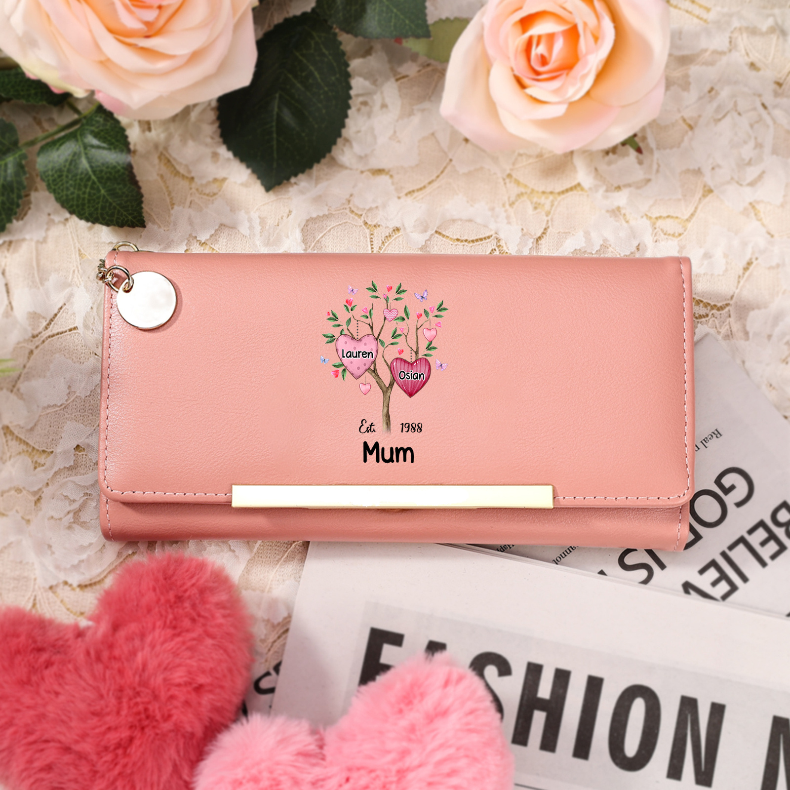 Personalised Women’s Wallet with Heart Family Tree Design Featuring 2–8 Names