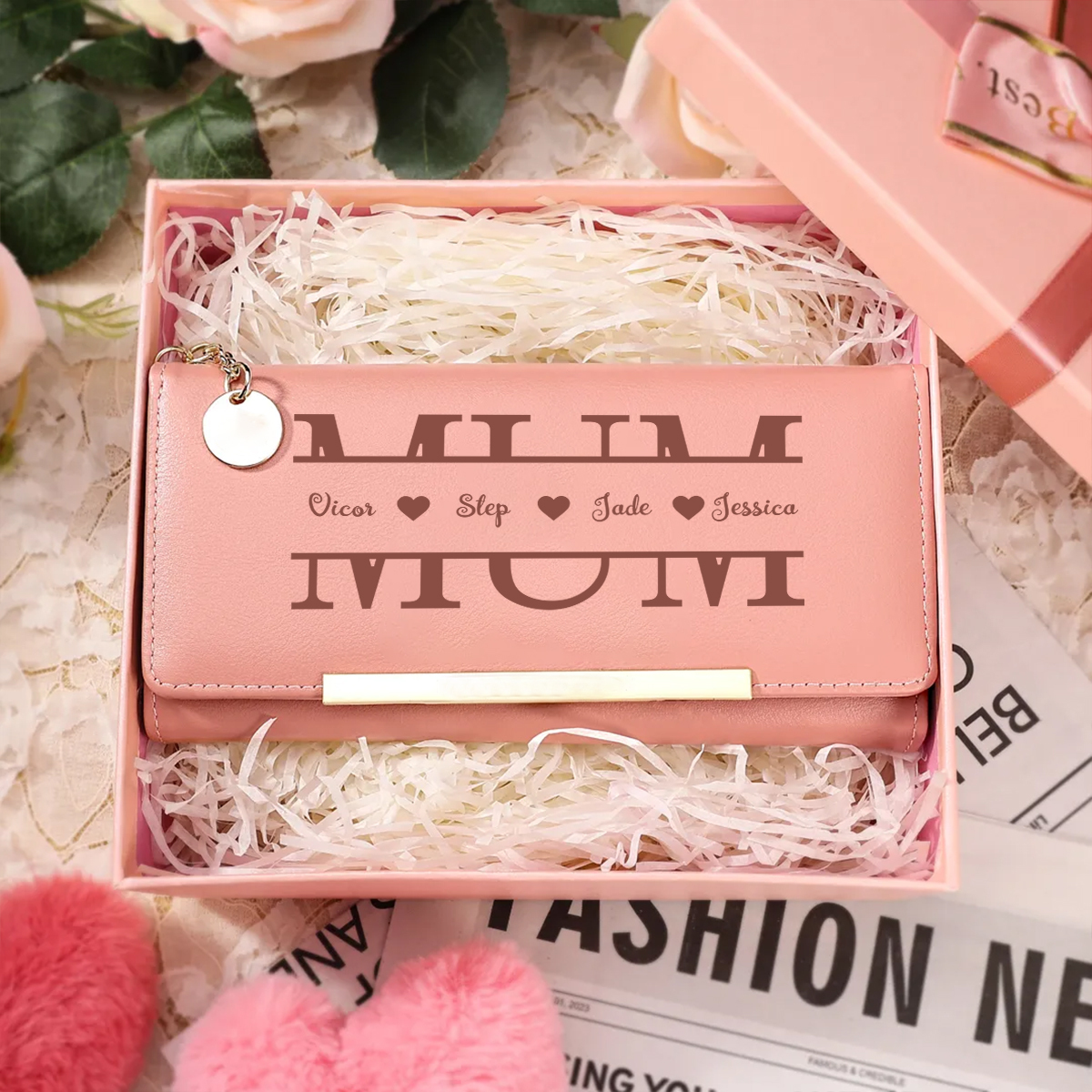 Personalised Long Pink Wallet with 1 to 5 Names for Mum