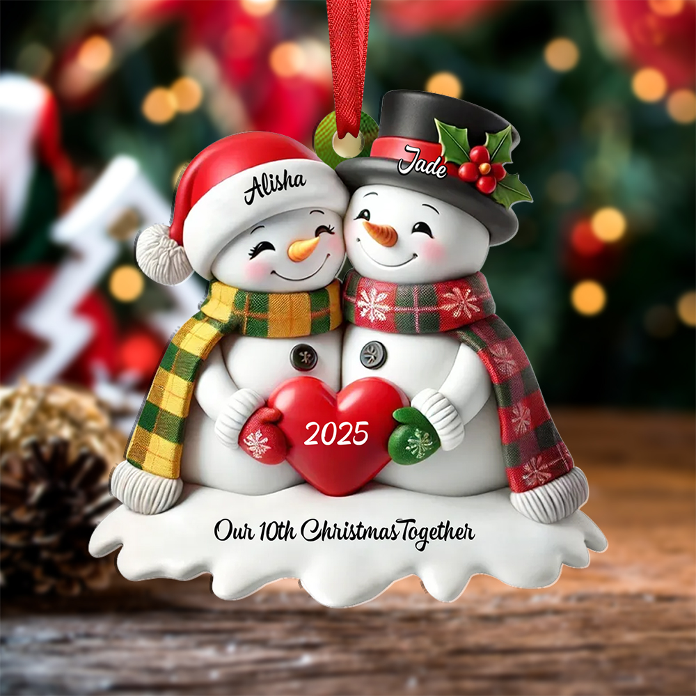 Customisable Heart Snowman Couple Christmas Tree Decoration
