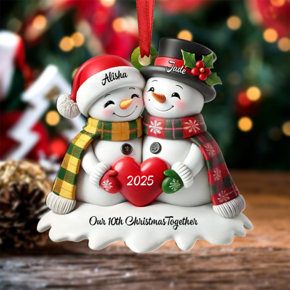 Customisable Heart Snowman Couple Christmas Tree Decoration