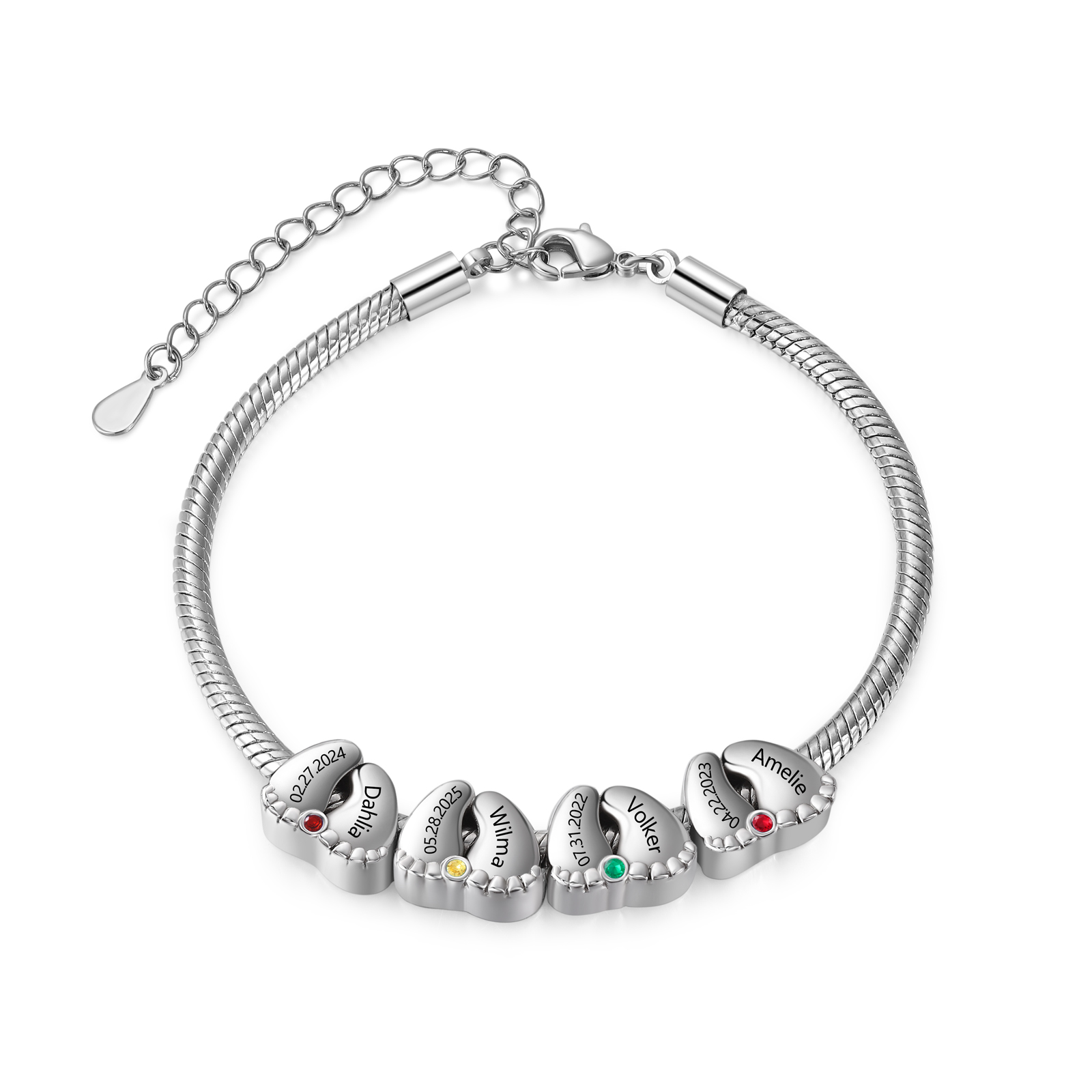 Personalised Heart Bracelet Custom 2-5 Names Dates and Birthstones Baby Feet Bracelet for Women | Jessemade