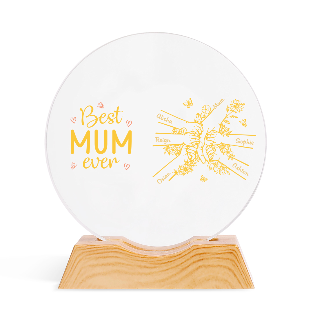 Personalised 2-7 Names Crystal LED Best Mum Ever Round Night Light