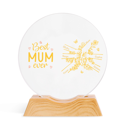 Personalised 2-7 Names Crystal LED Best Mum Ever Round Night Light