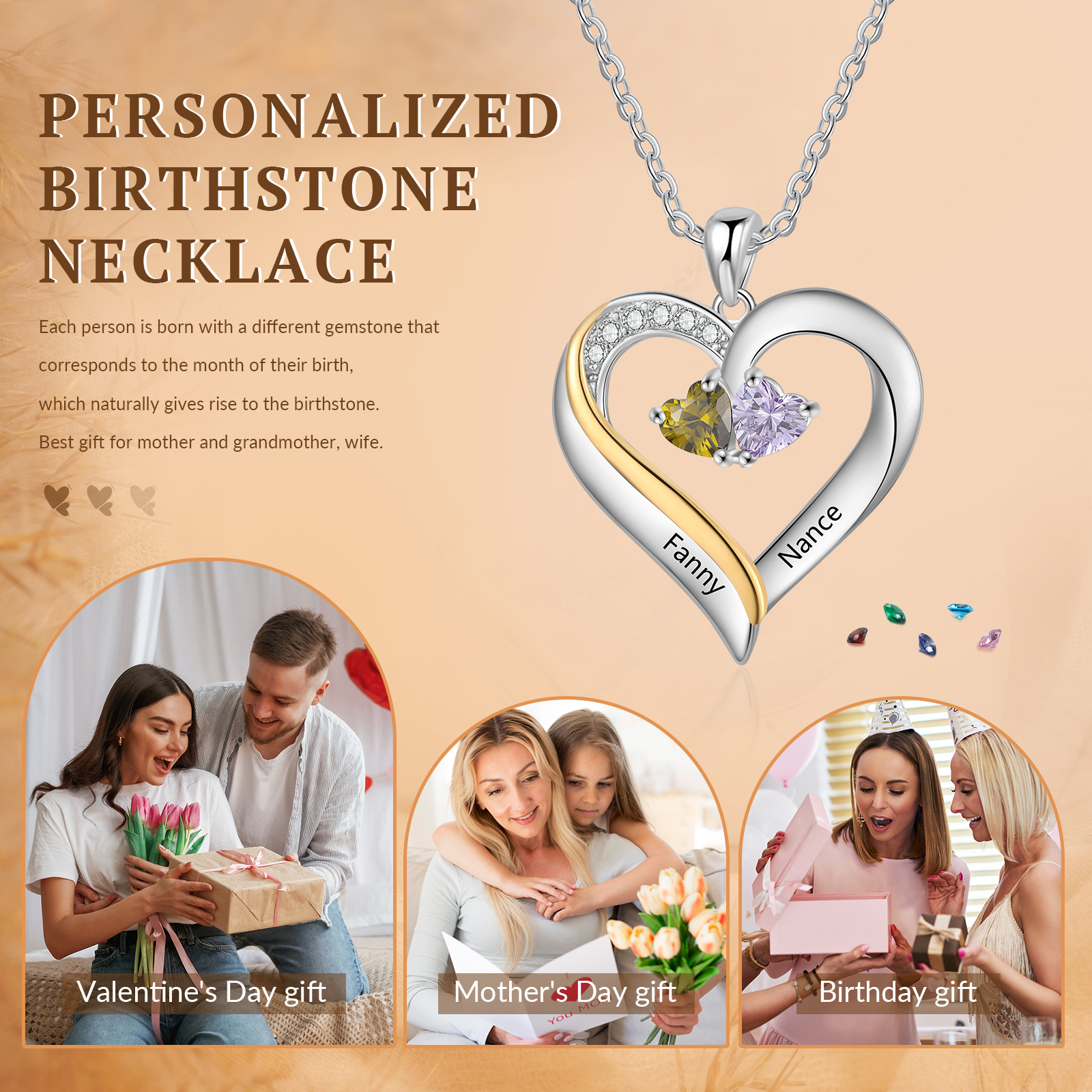 Personalised S925 Silver Heart Name Birthstone Necklace for Women
