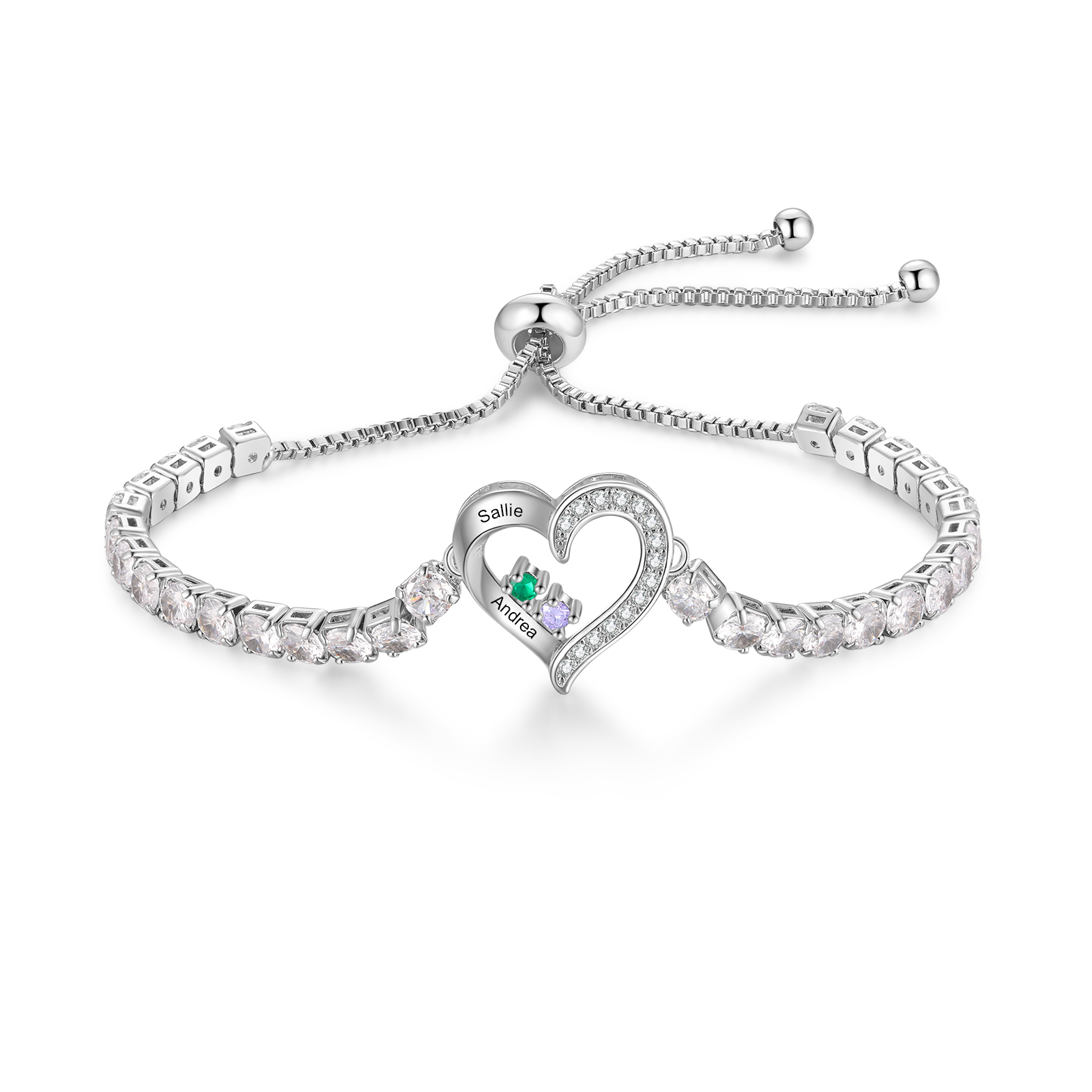 Personalised 2-4 Names Heart Birthstone CZ Bracelet