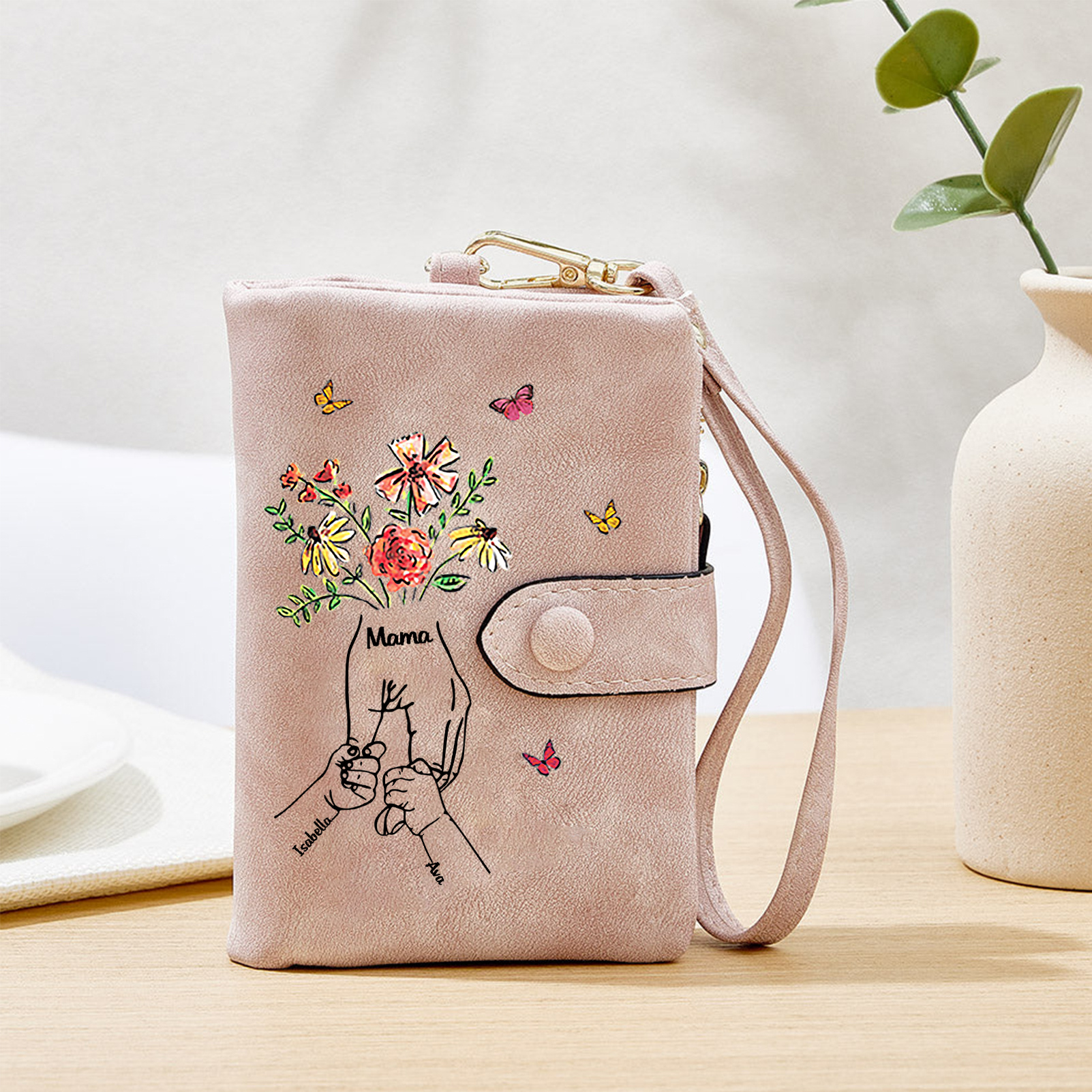 Personalised Wallet with flowers and a hand-in-hand design, with 3 to 6 names – for Mum/Grandma
