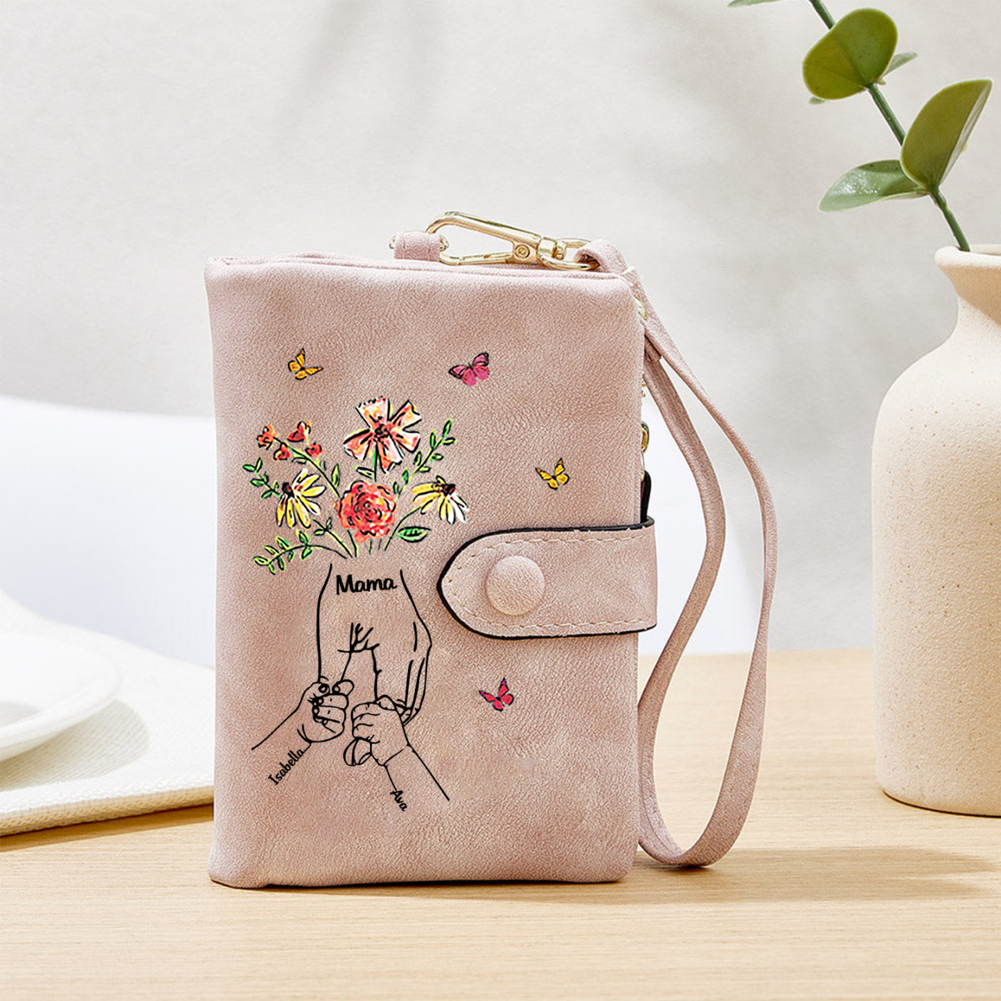 Personalised Wallet with flowers and a hand-in-hand design, with 3 to 6 names – for Mum/Grandma