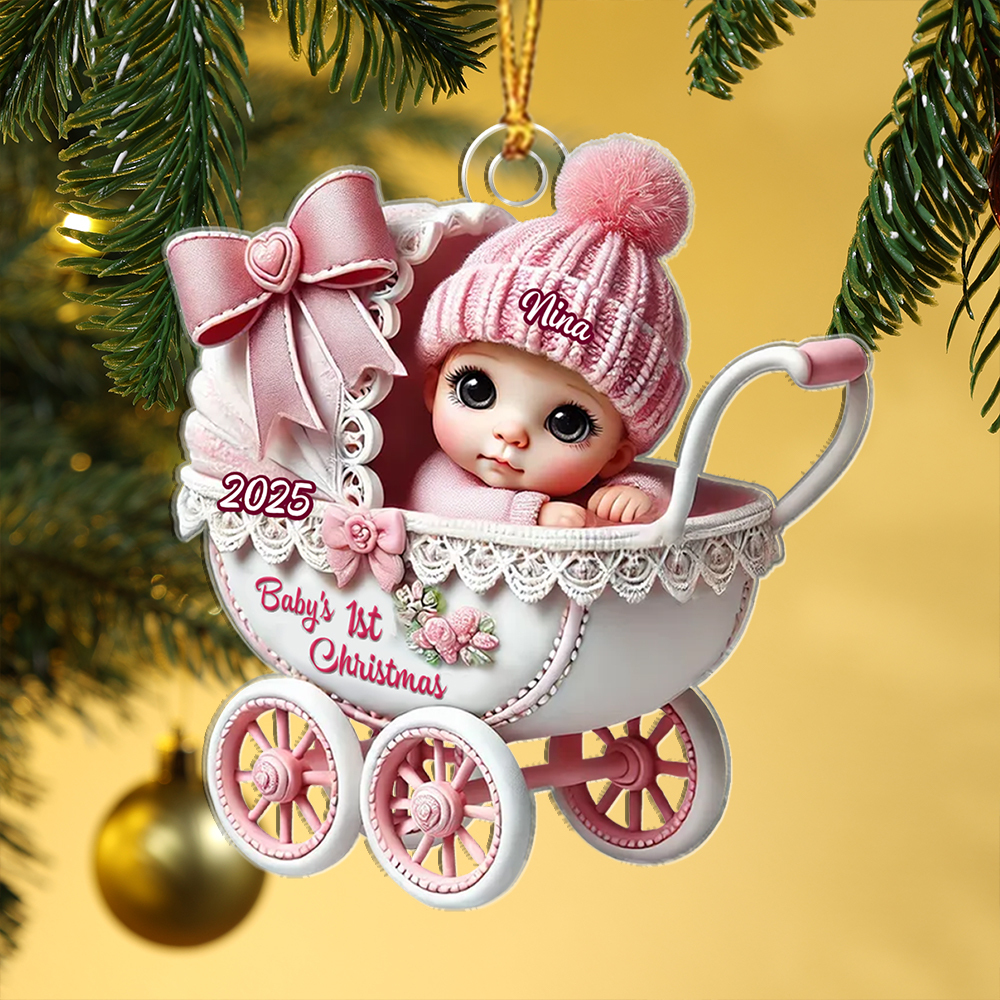Personalised Pink Pram Baby's 1st Christmas Tree Decoration