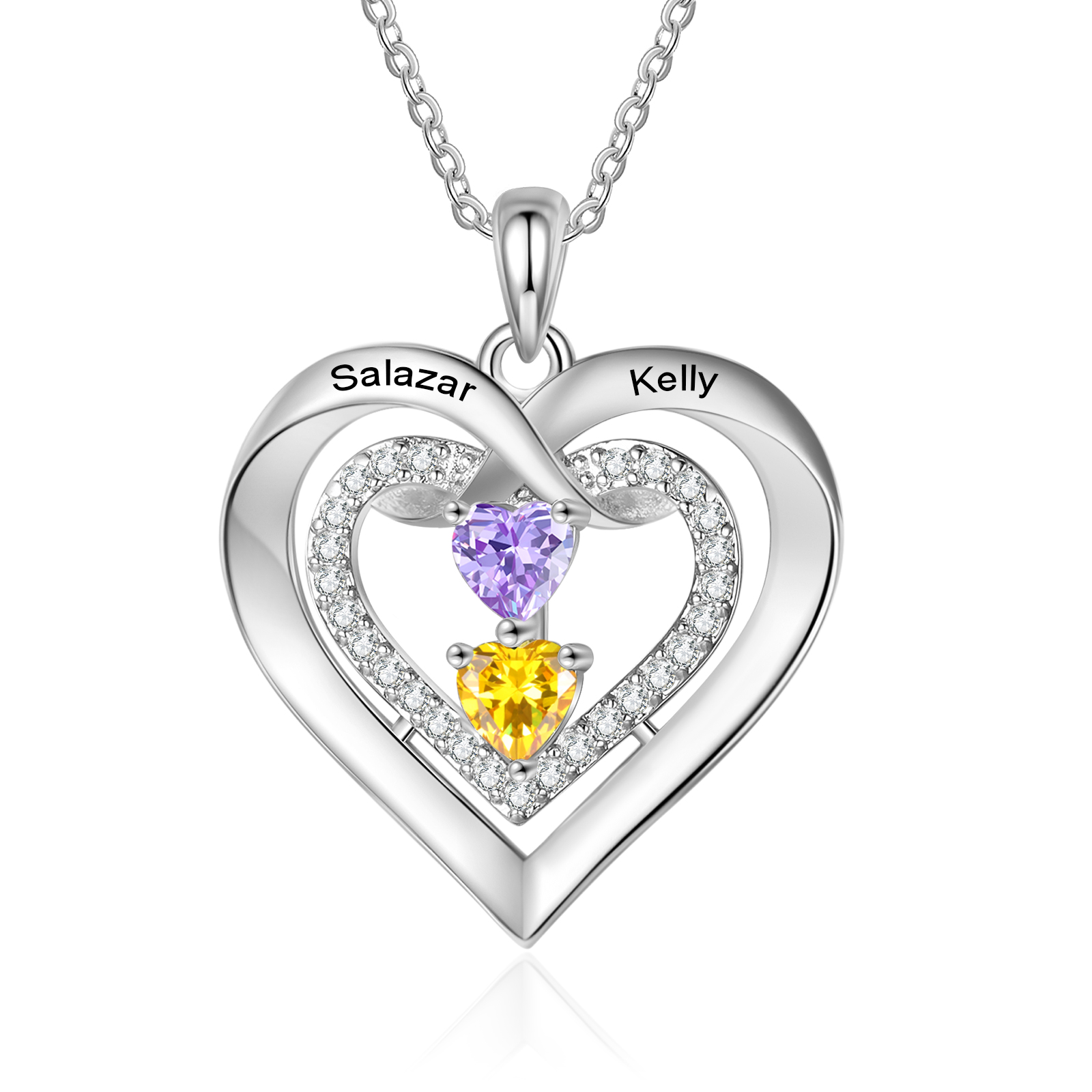 Personalised Double Heart 2-4 Birthstones Name Necklace