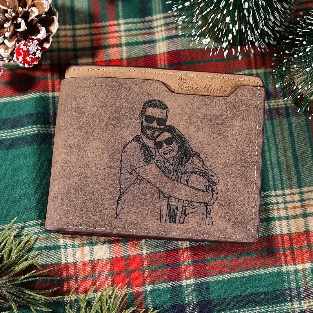 Personalised Leather Wallet Engraved Photo Short Purse Custom Folding Wallet Gifts For Him