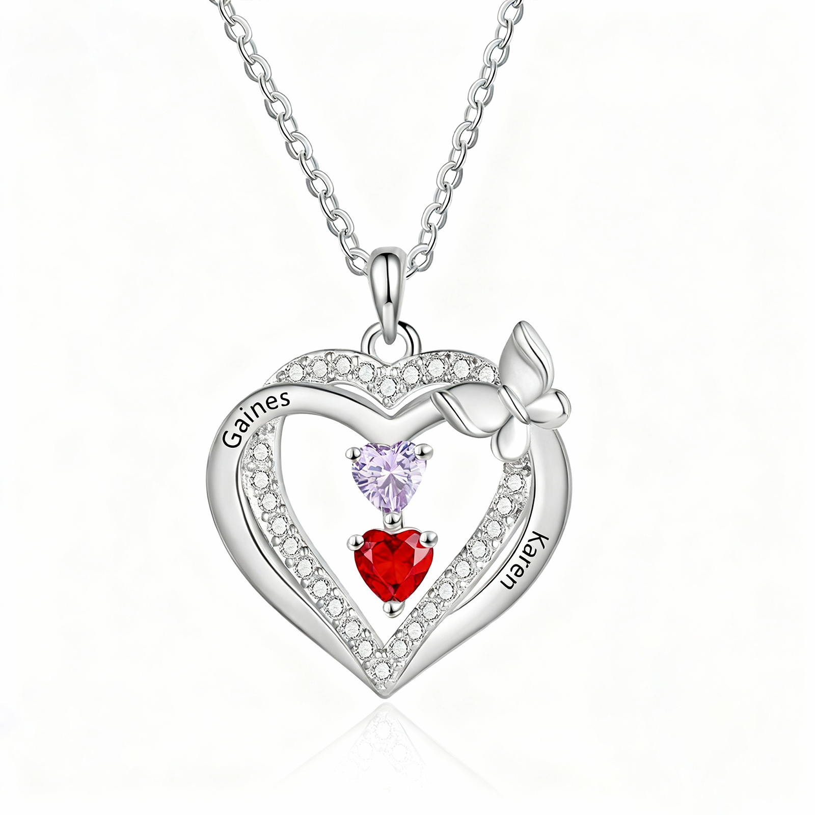 Personalised 1-3 Names Butterfly Heart Birthstone Necklace