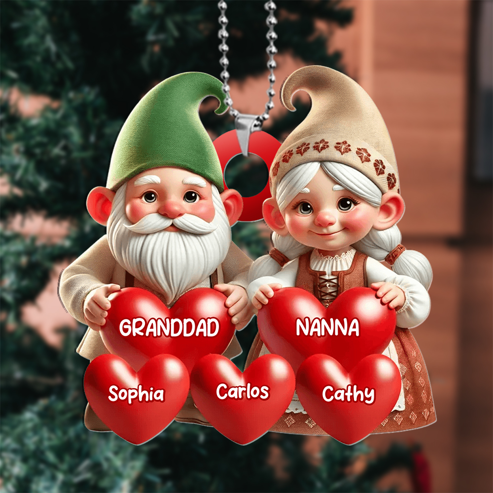 Christmas Tree Decoration Gnome Family - Personalised Hearts and Name