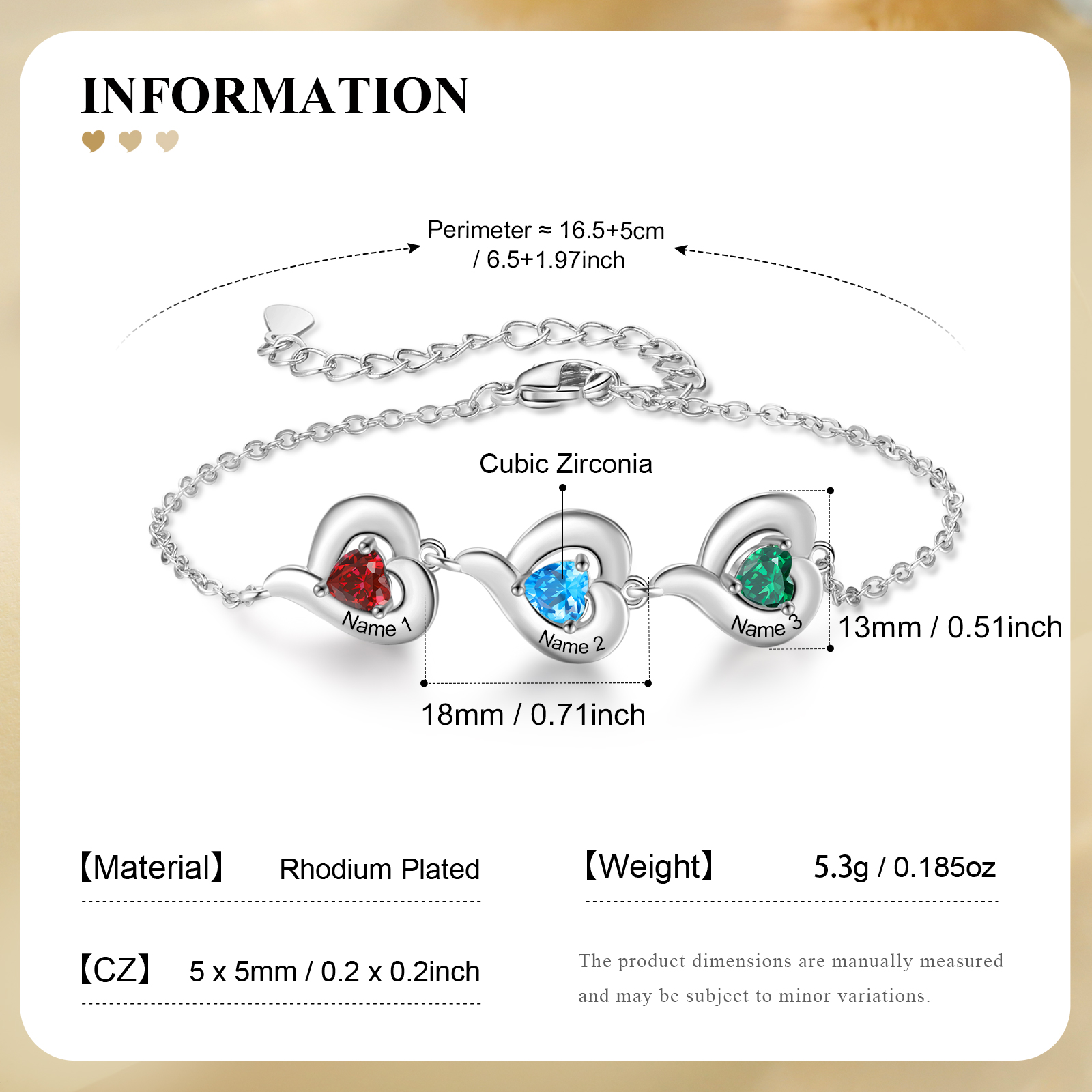 Personalised 1-5 Names Adjustable Heart Birthstone Bracelet