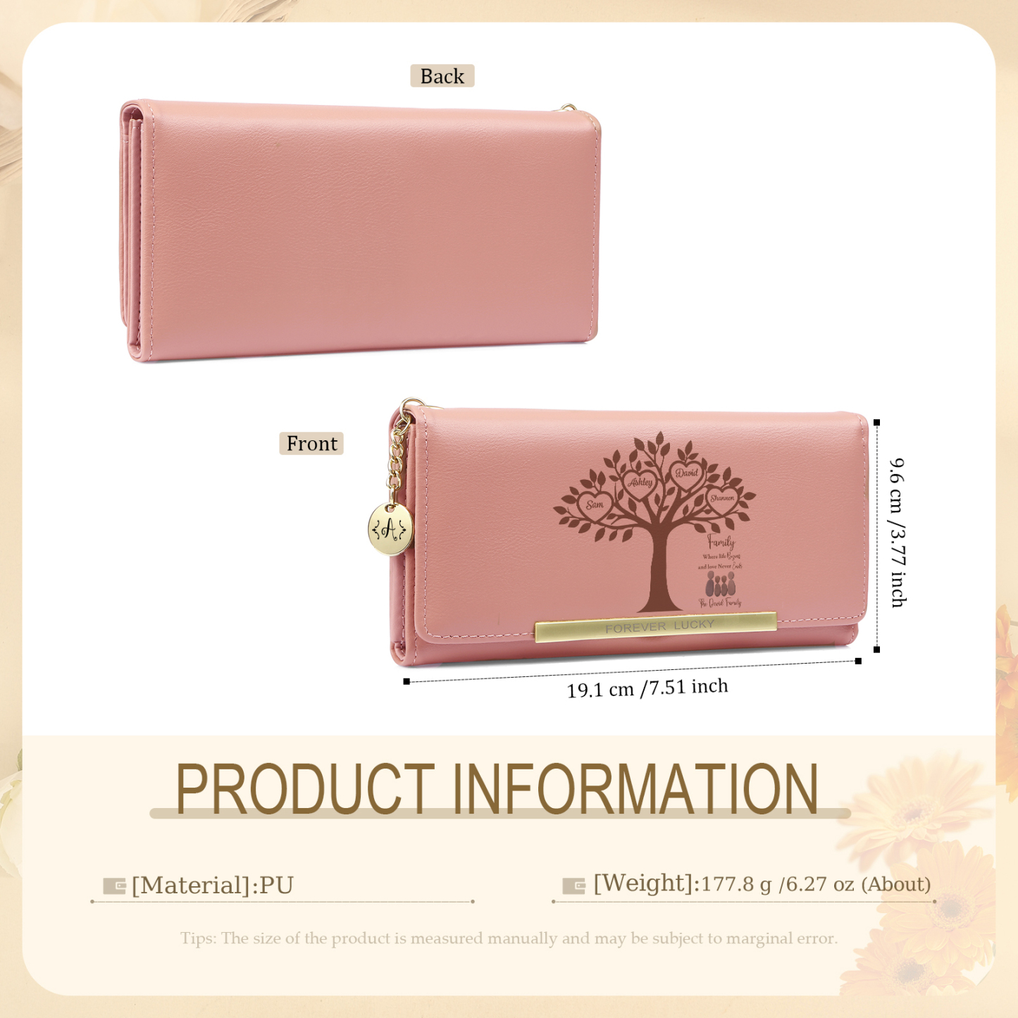 Personalised 2-6 Names Pink Family Tree PU Leather Wallet For Mum