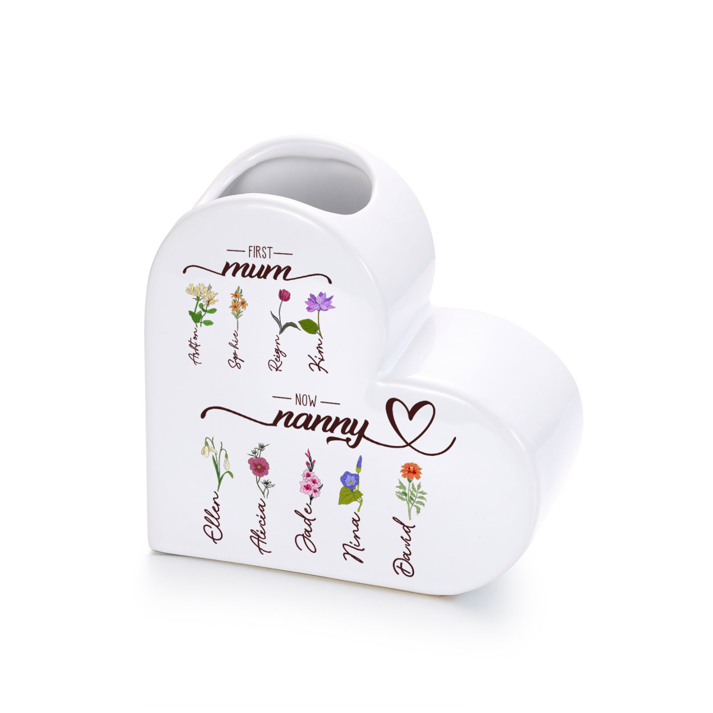 Personalised heart-shaped Ceramic Vase “First Mum, now Grandma”, personalised with 2–10 Birth flowers and Names
