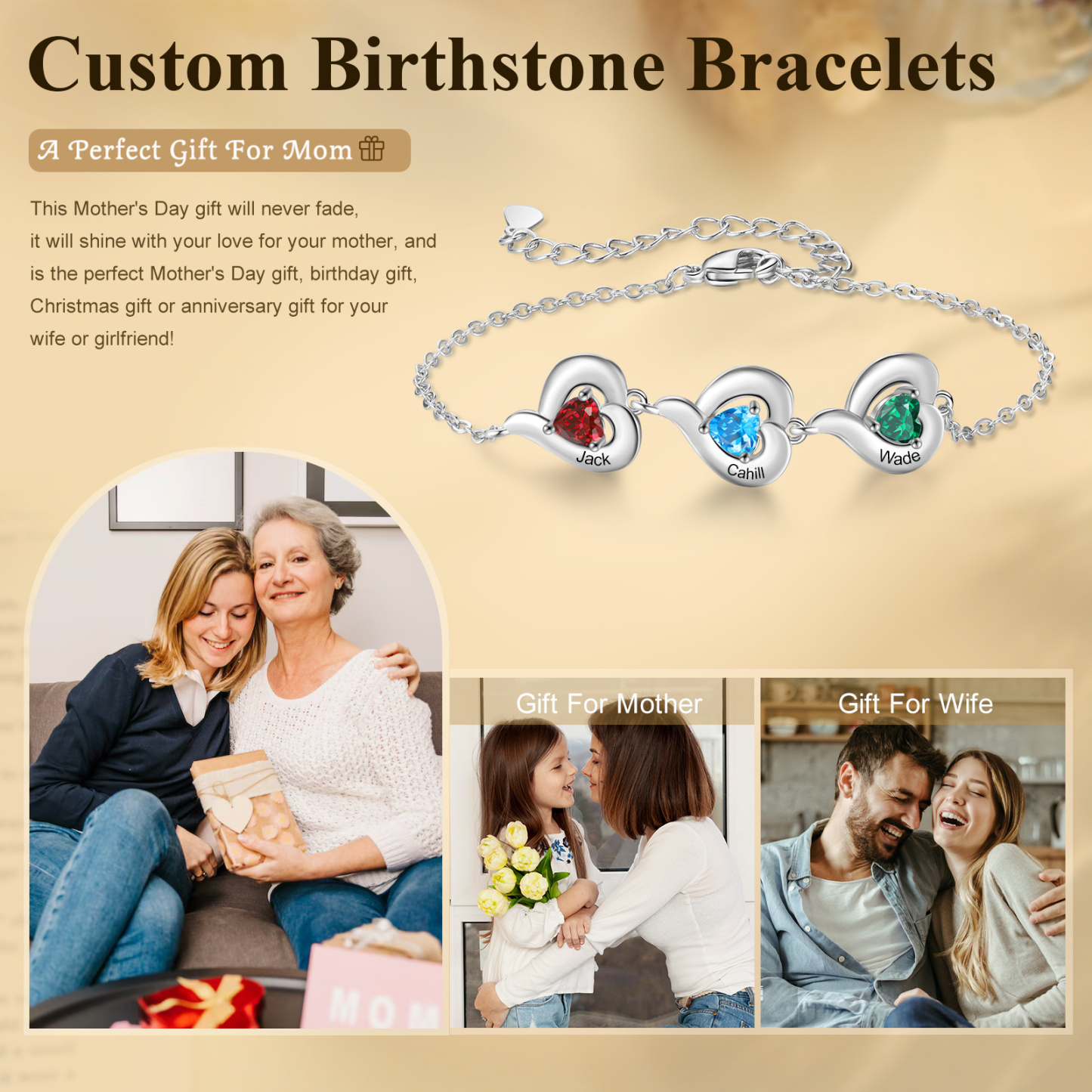 Personalised 1-5 Names Adjustable Heart Birthstone Bracelet