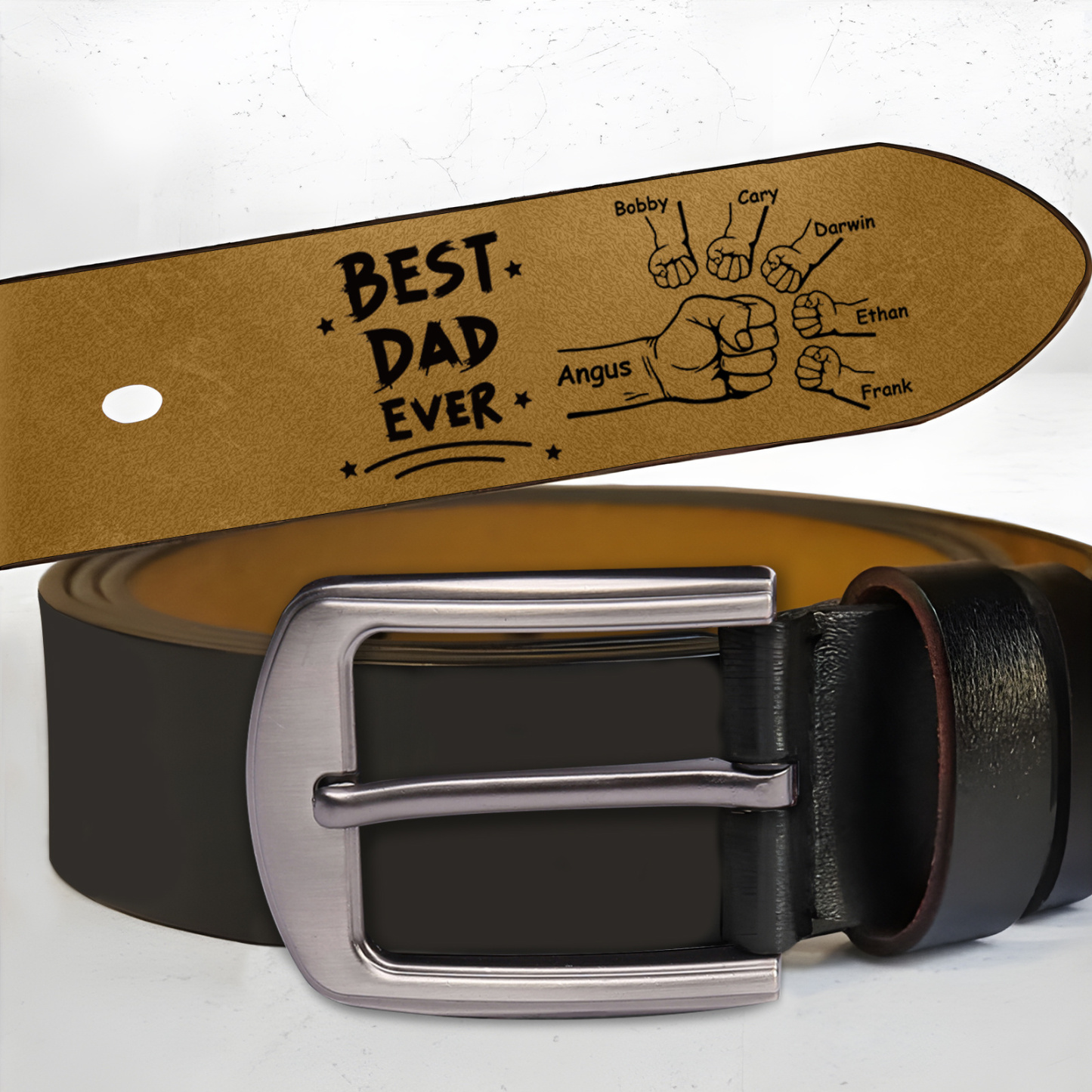 Personalised Belt Custom 2-6 Names Leather Belt with Fist Bump Gift for Him | Father’s Day Gift | Jessemade