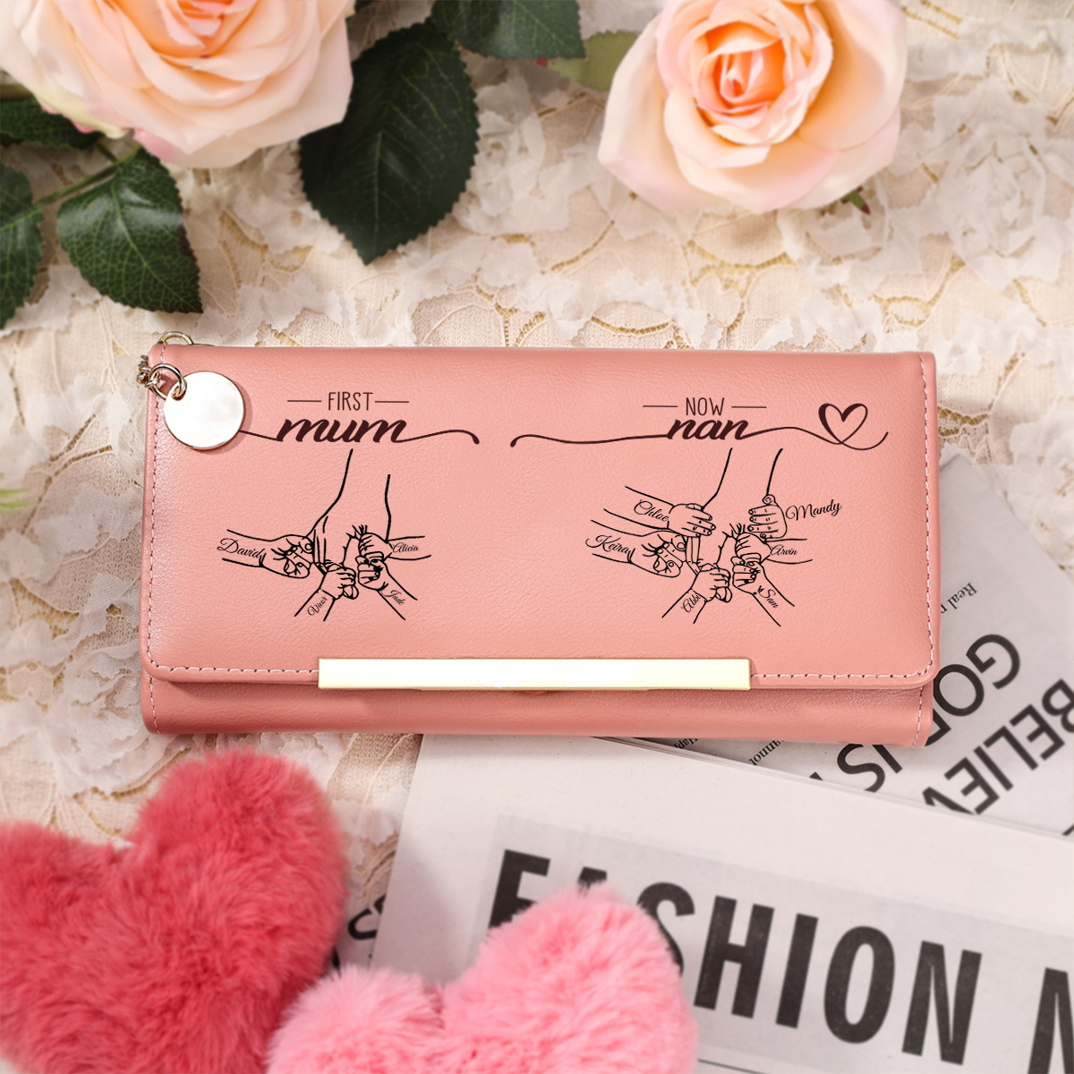 Personalised Holding hands Engraved Pink PU Wallet for Mum/Nan/Nanna/Nana/Grandma