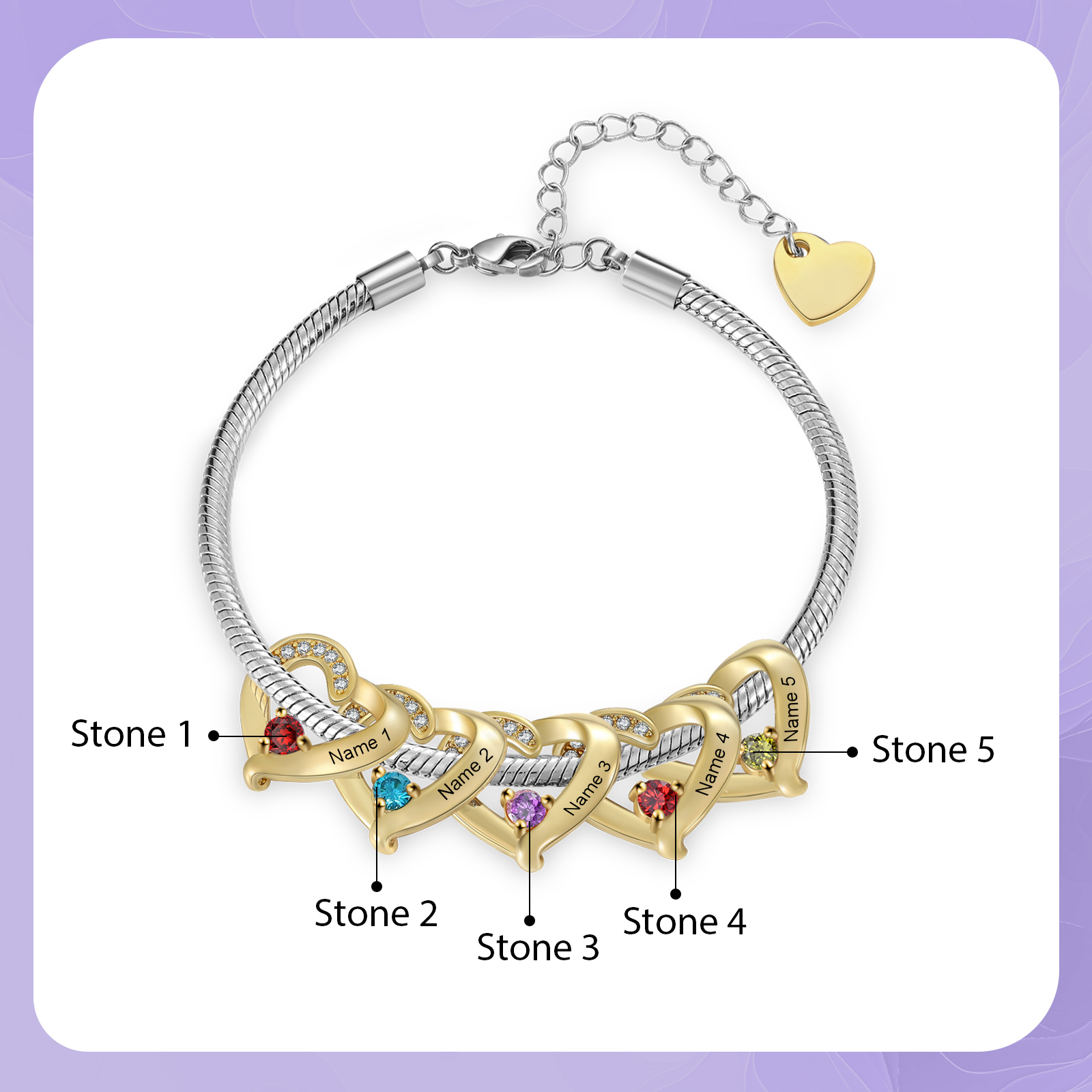 Personalised Bracelet with 1-5 Names and Birthstones Heart Bracelet for Women | Jessemade