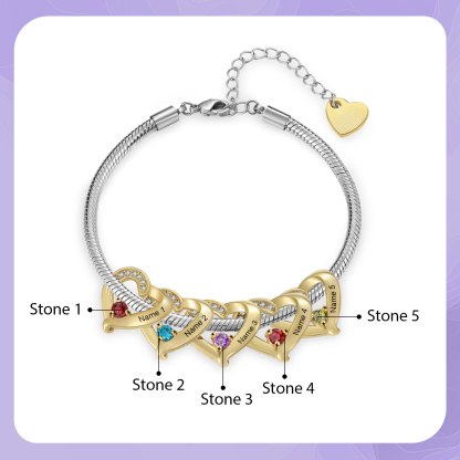 Personalised Bracelet with 1-5 Names and Birthstones Heart Bracelet for Women | Jessemade