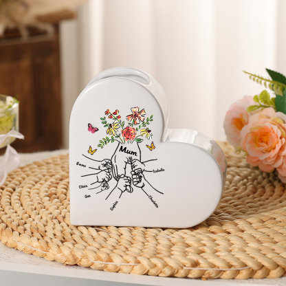 Personalised Ceramic Heart Vase with Text and 2 to 8 Names for Mum or Grandma