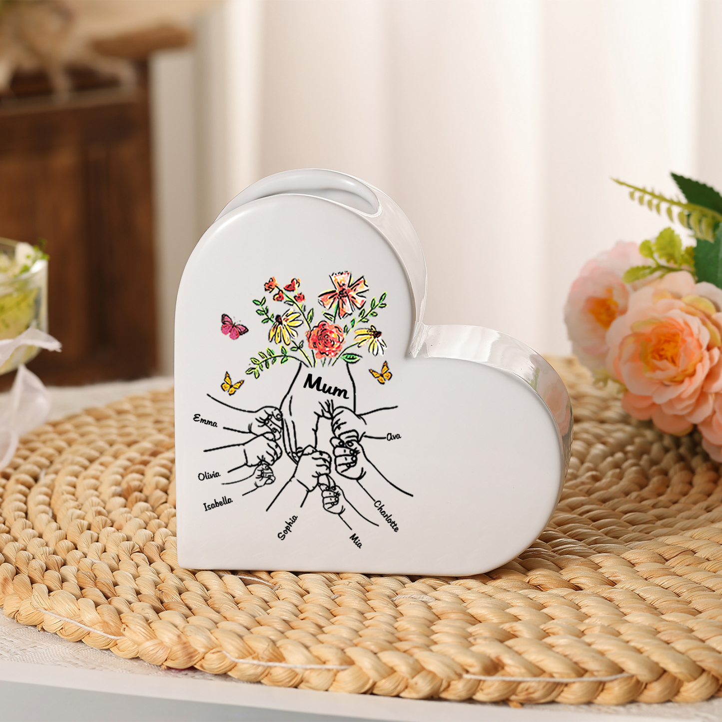 Personalised Ceramic Heart Vase with Text and 2 to 8 Names for Mum or Grandma