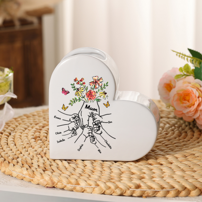 Personalised Ceramic Heart Vase with Text and 2 to 8 Names for Mum or Grandma