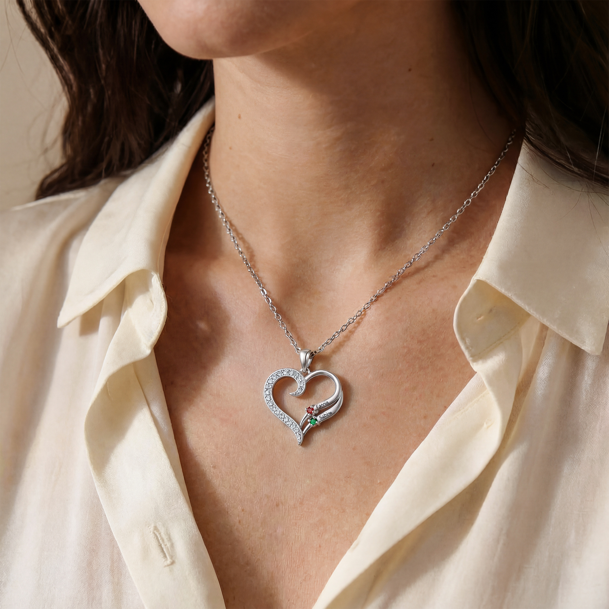 Personalised Heart Necklace with Birthstones, Customised with 2–4 Family Names