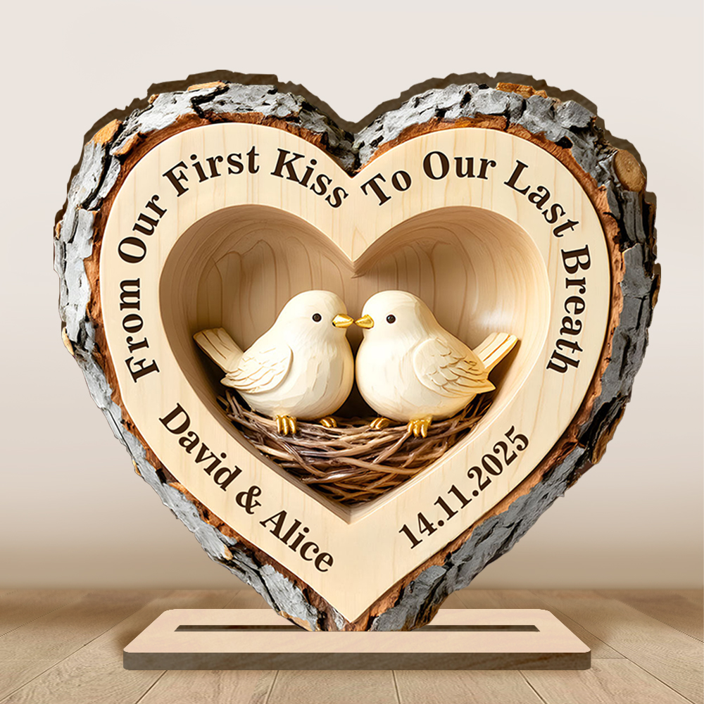 Personalised Wooden Plaque with Birds, Heart of the Forest, with a Stable Base for Couples