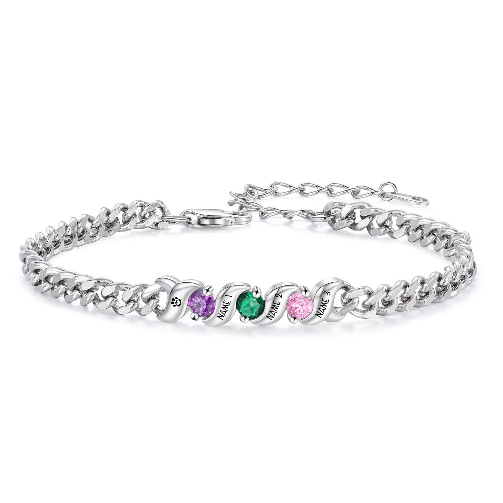 Personalised Cuban Link Bracelet Customised with 1–5 Names and Birthstones