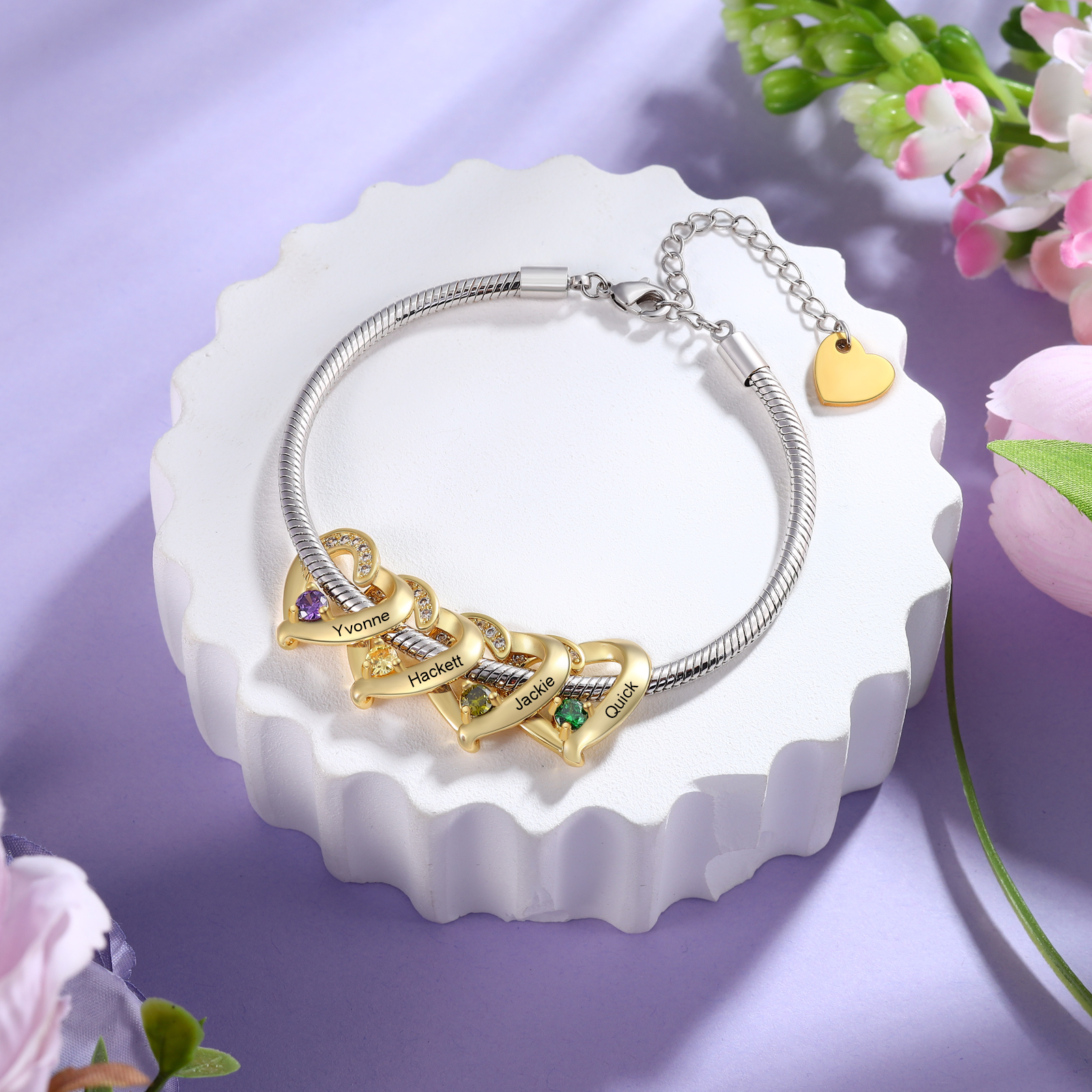 Personalised Bracelet with 1-5 Names and Birthstones Heart Bracelet for Women | Jessemade