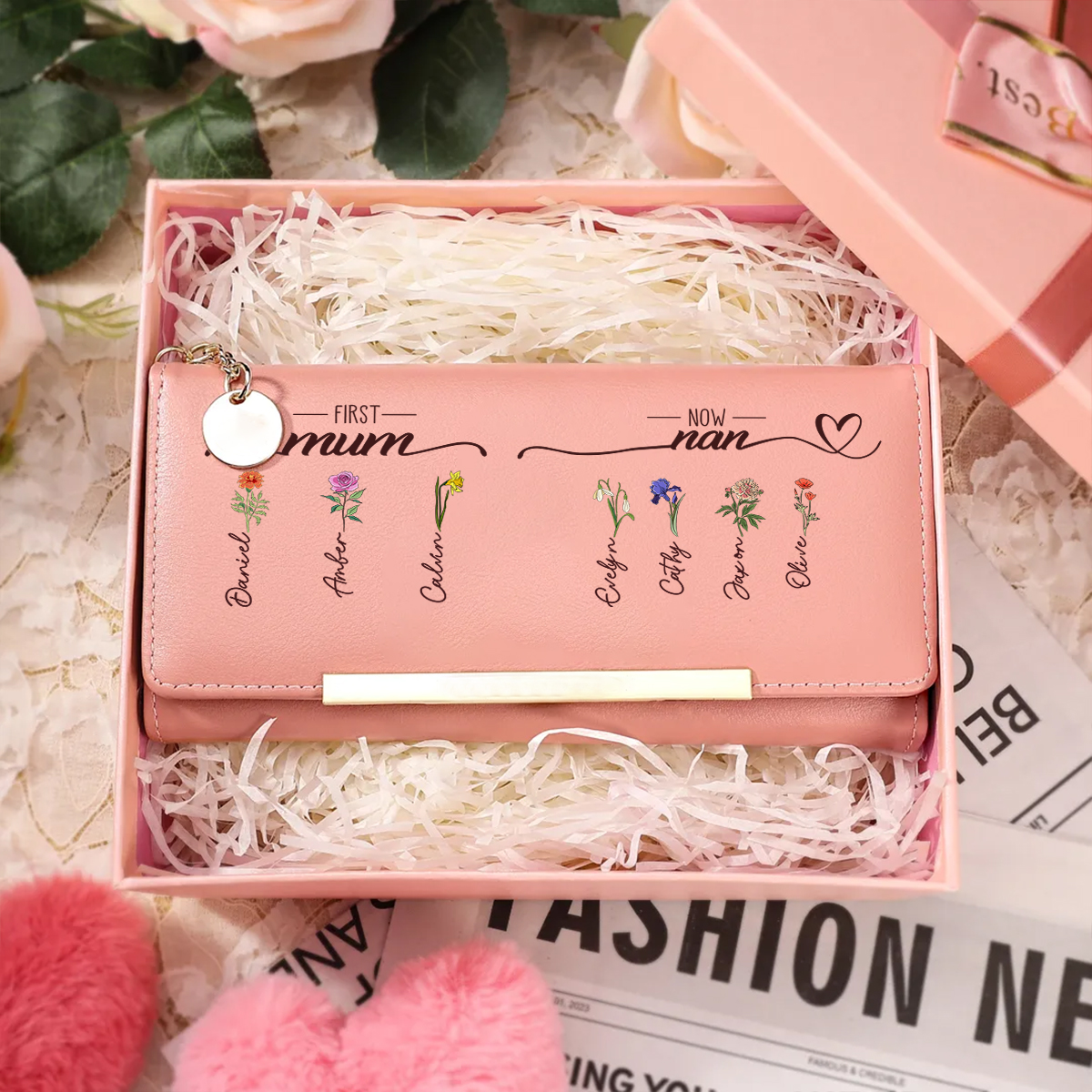 Personalised Leather Purse Wallet customisable with names and birth flowers Mothers Day gift for Nanny Mum Grandma practical keepsake | Jessemade