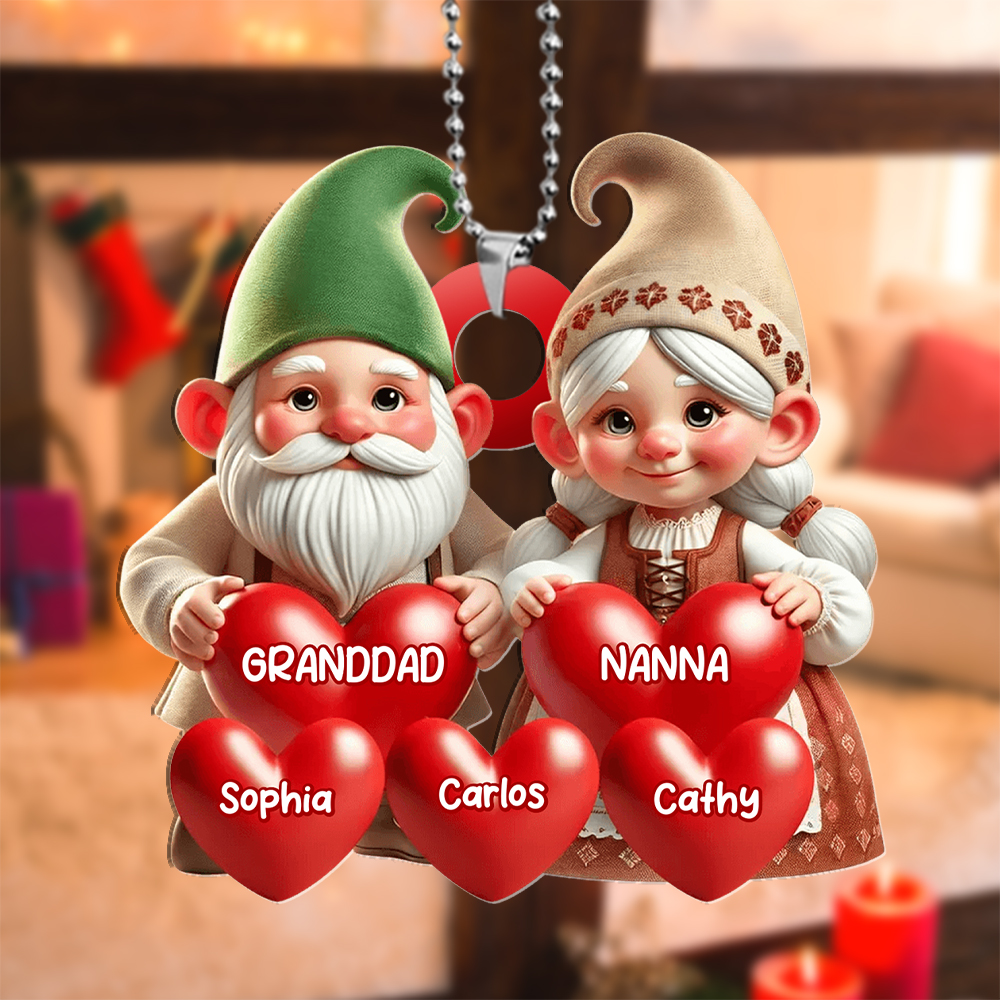 Christmas Tree Decoration Gnome Family - Personalised Hearts and Name