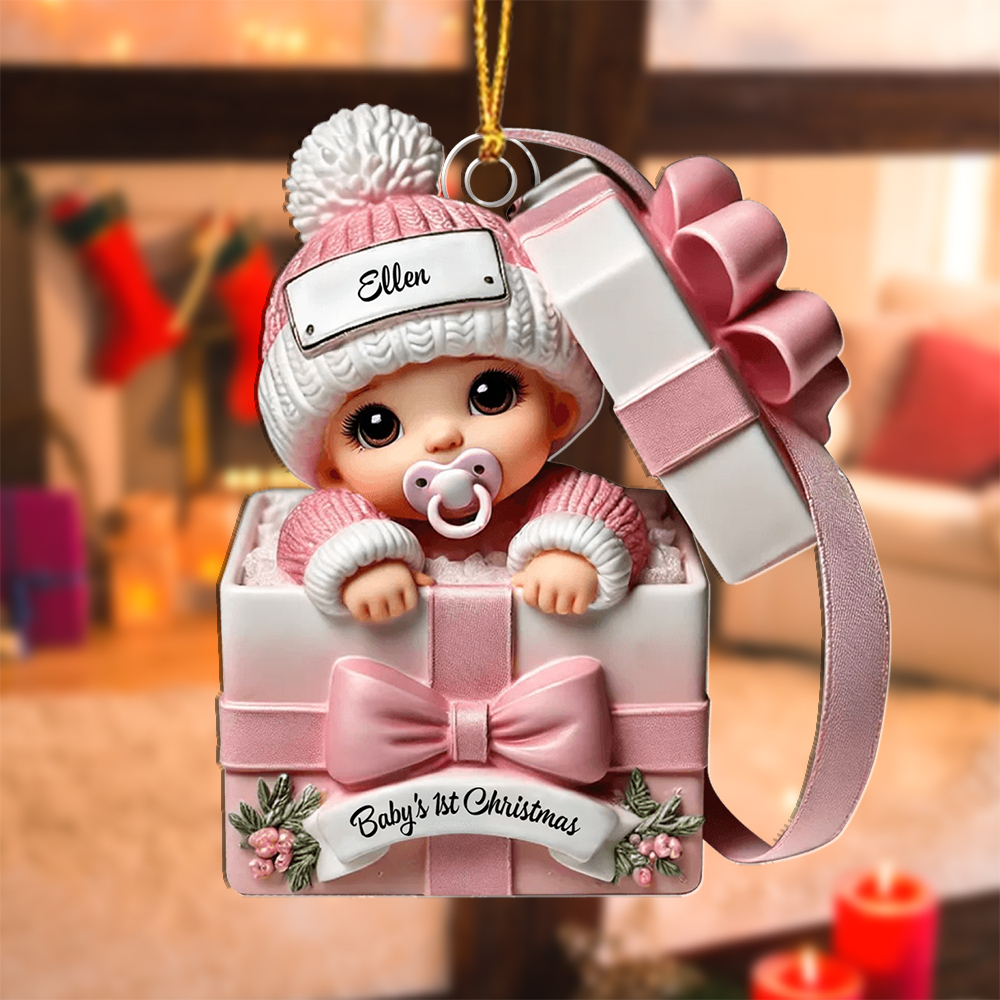 Personalised Christmas Tree Decoration – Baby in a Gift Box for Their First Christmas