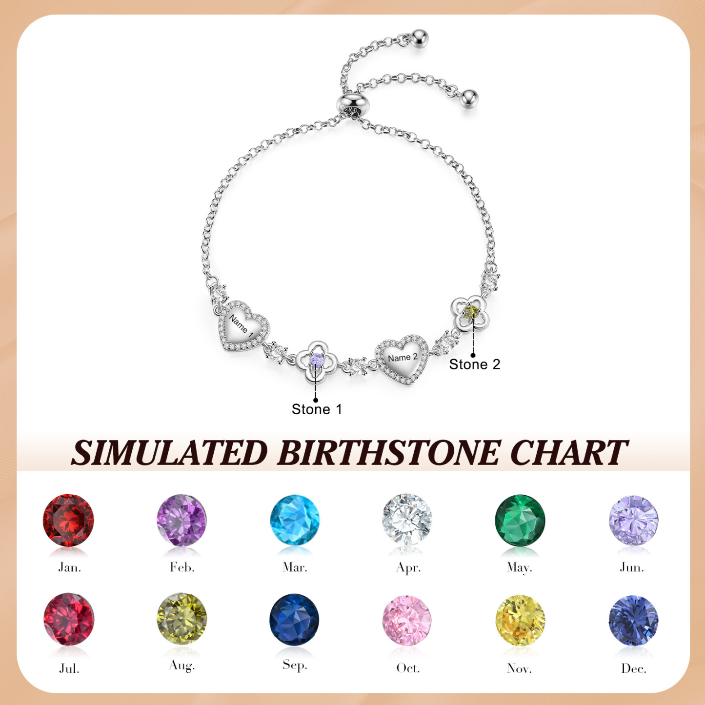 Personalised Birthstone Bracelet with Heart and Flowers, Customised with 2–5 Names and Stones