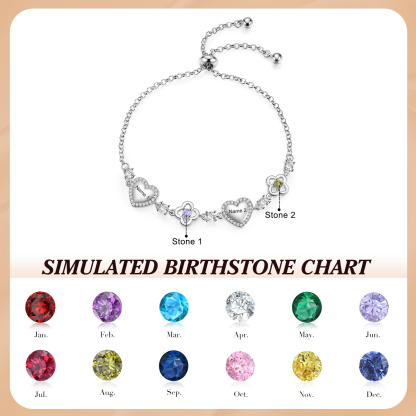 Personalised Birthstone Bracelet with Heart and Flowers, Customised with 2–5 Names and Stones