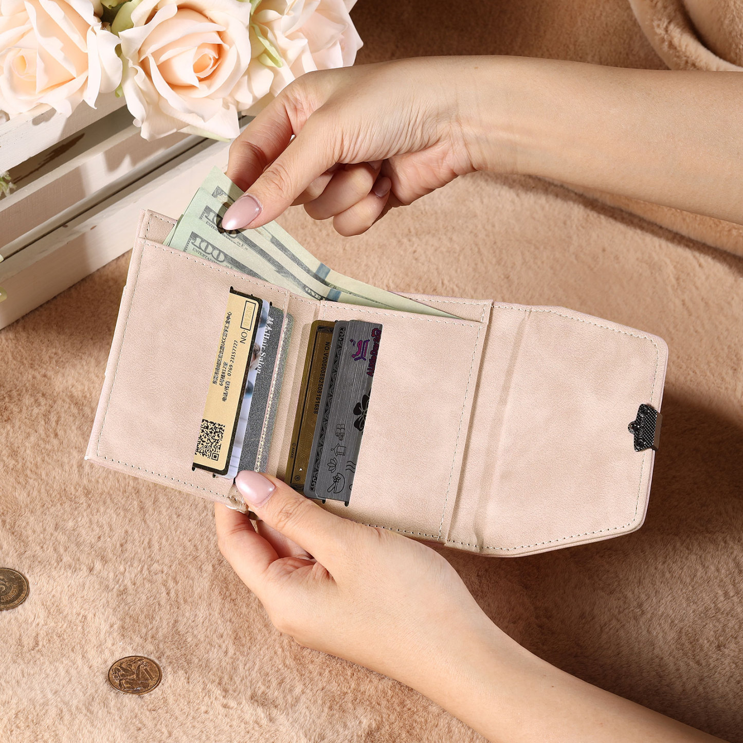 Personalised women’s leather wallet with birth flower and name