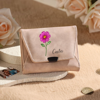 Personalised women’s leather wallet with birth flower and name