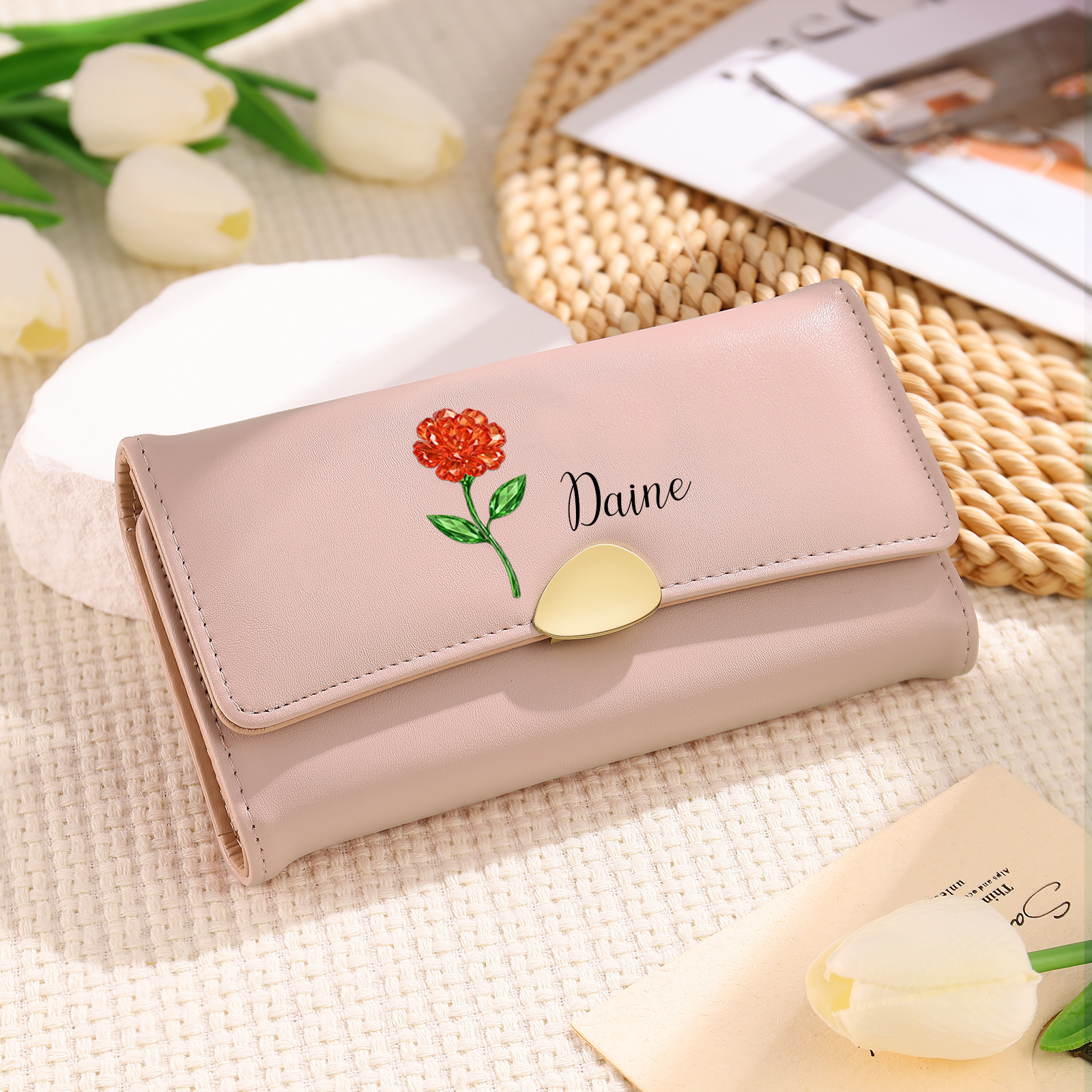 Personalised Long Women’s Leather Wallet with Birth Flower and Name