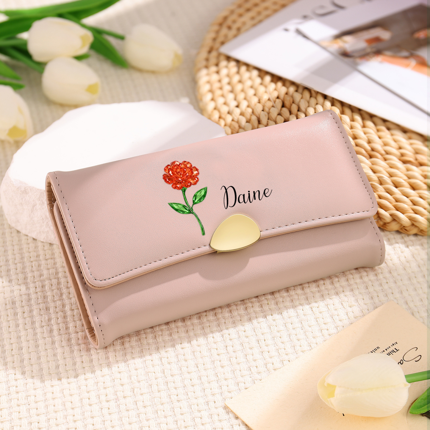 Personalised Long Women’s Leather Wallet with Birth Flower and Name