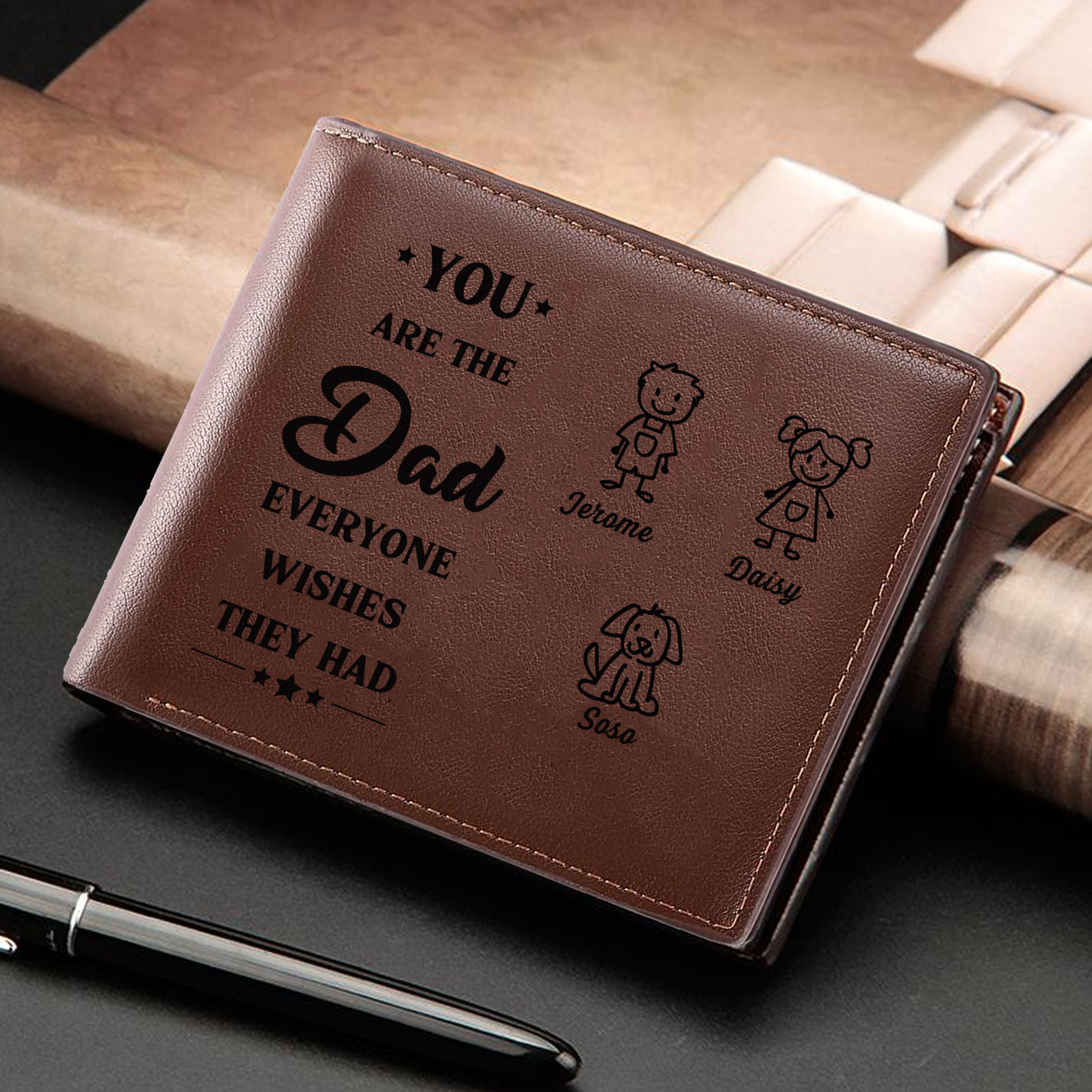 Personalised Men's PU Leather Wallet – Kids Doodle, 1–6 Names & Photo Engraving