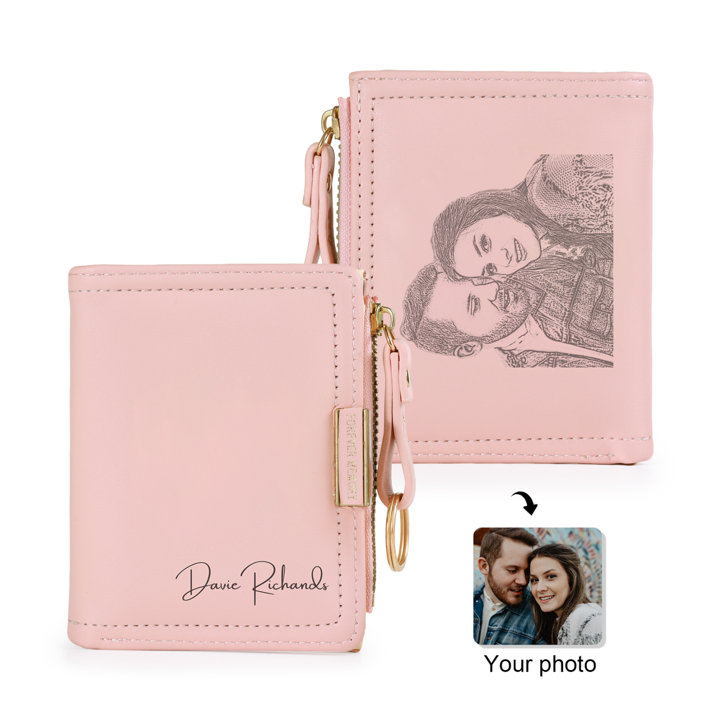 Personalised leather zip wallet with photo and engraved name, women’s zip-around wallet, birthday and Mother’s Day gift for mum, daughter, granddaughter, girlfriend, grandma | Jessemade