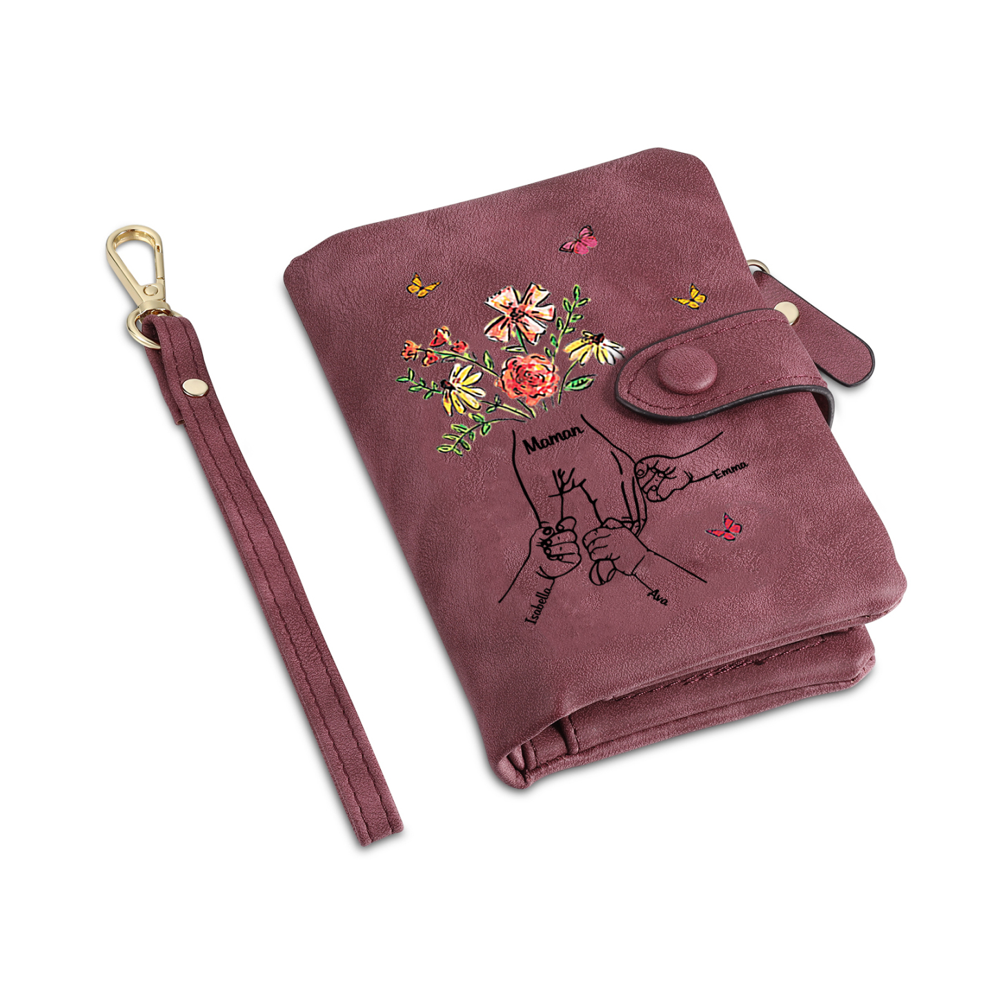 Personalised Wallet with flowers and a hand-in-hand design, with 3 to 6 names – for Mum/Grandma
