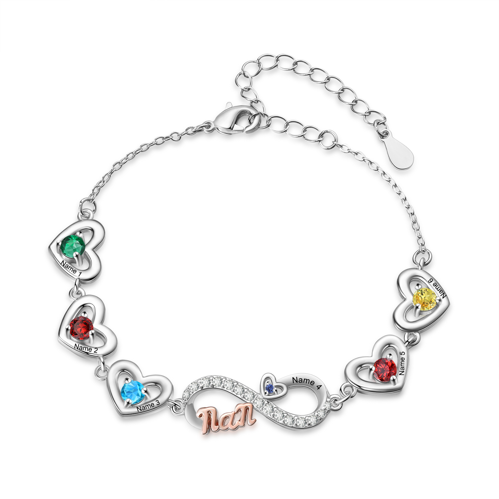 Personalised 2-6 Names Infinity Mum Heart Birthstone Bracelet