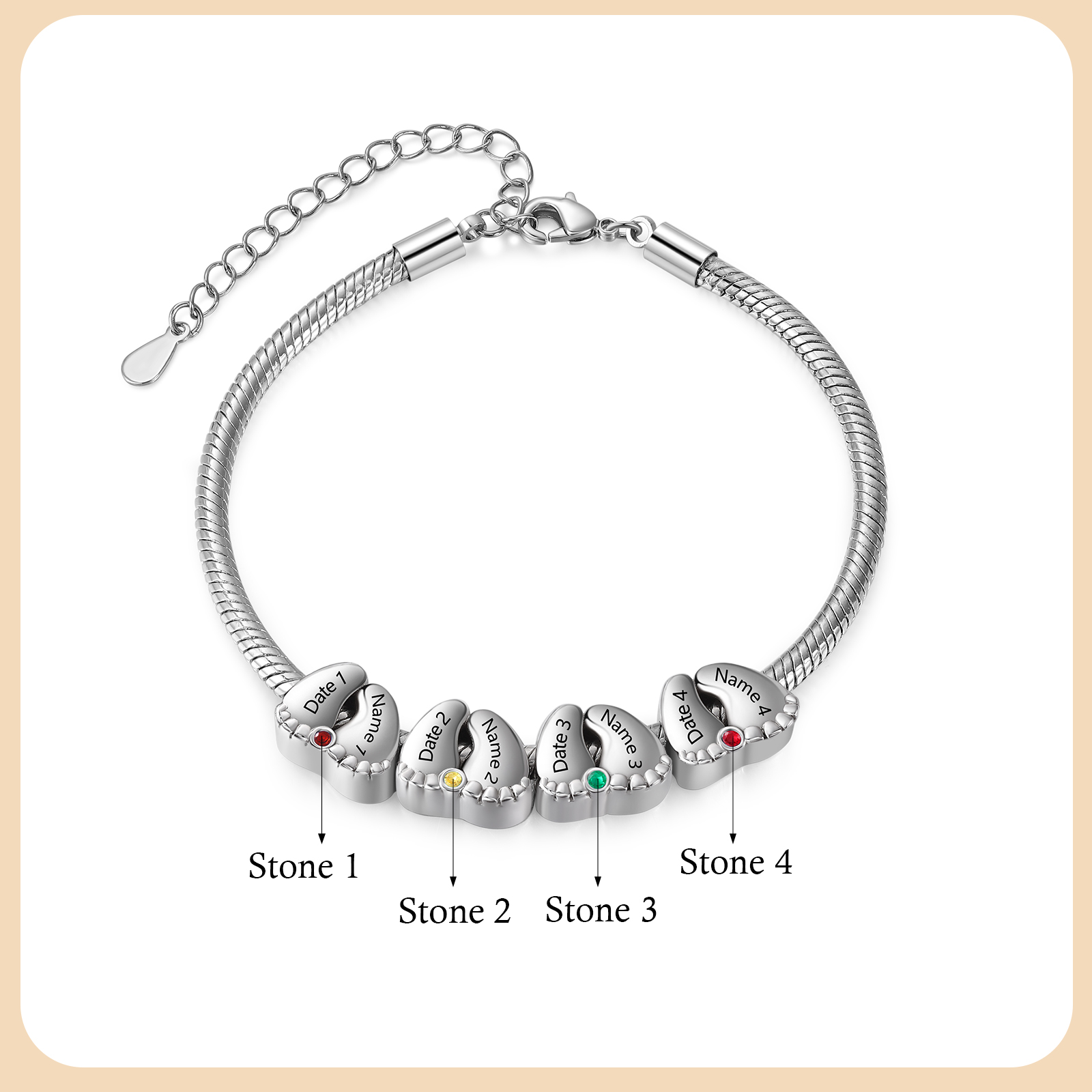 Personalised Heart Bracelet Custom 2-5 Names Dates and Birthstones Baby Feet Bracelet for Women | Jessemade