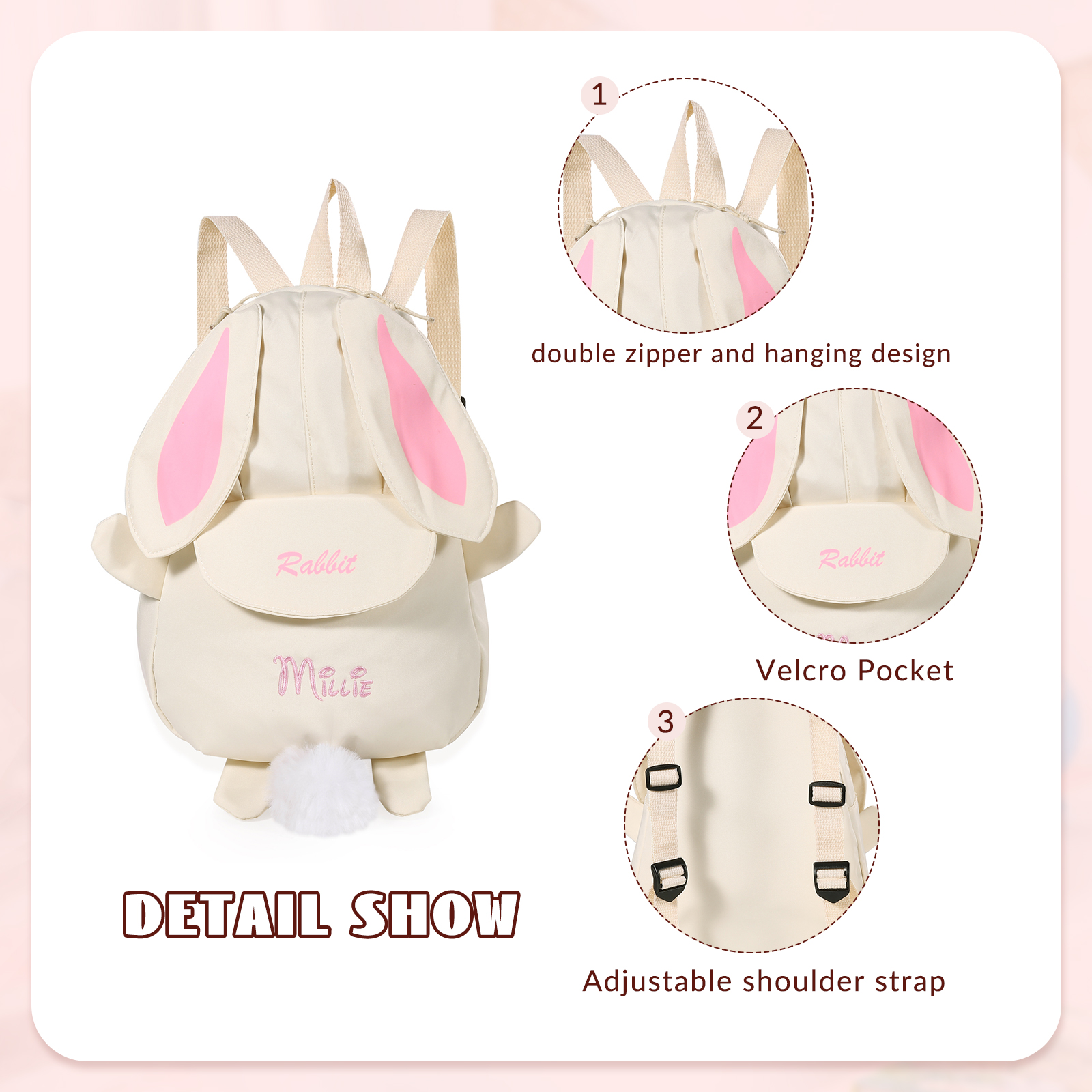 Personalised Name School Backpack Custom Cute Rabbit Bag Gift 5 Colours Back to School Gift | Jessemade