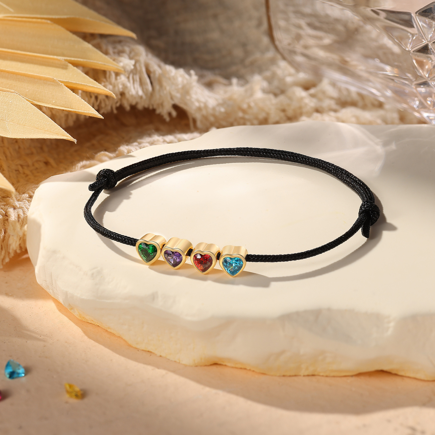 Personalised 2-5 Heart Birthstones Adjustable Rope Bracelet