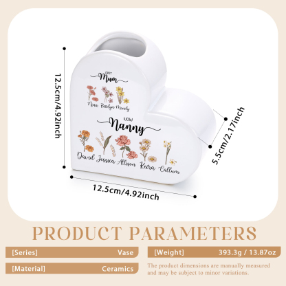 Personalised Ceramic Heart Vase with 2 to 10 Names and Birth Flowers, Mother’s Day gift for Grandma and Mum