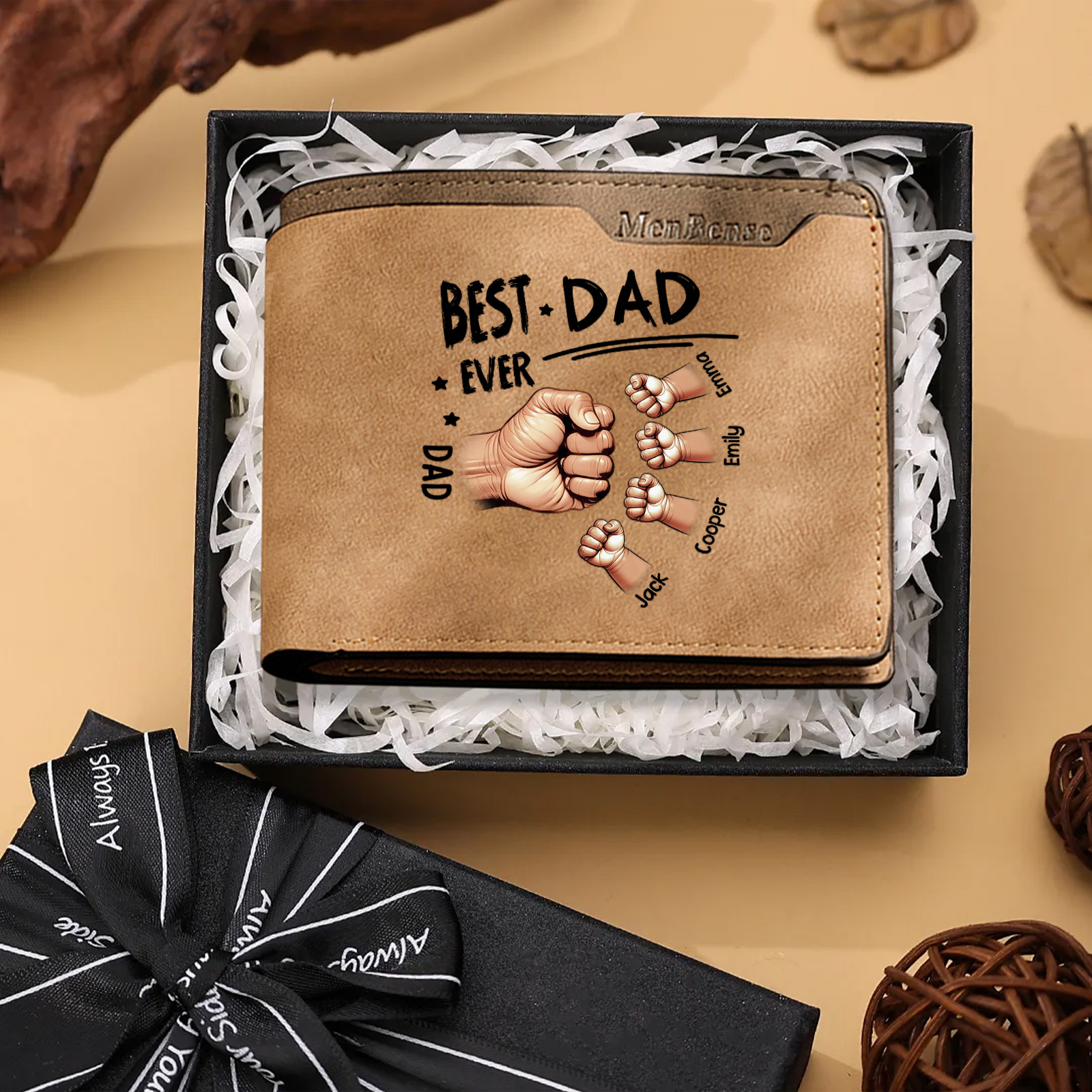 Best Dad Ever—Personalised Leather Wallet Custom 2-7 Names and Fist Bump | Father's Day Gift for Dad | Jessemade