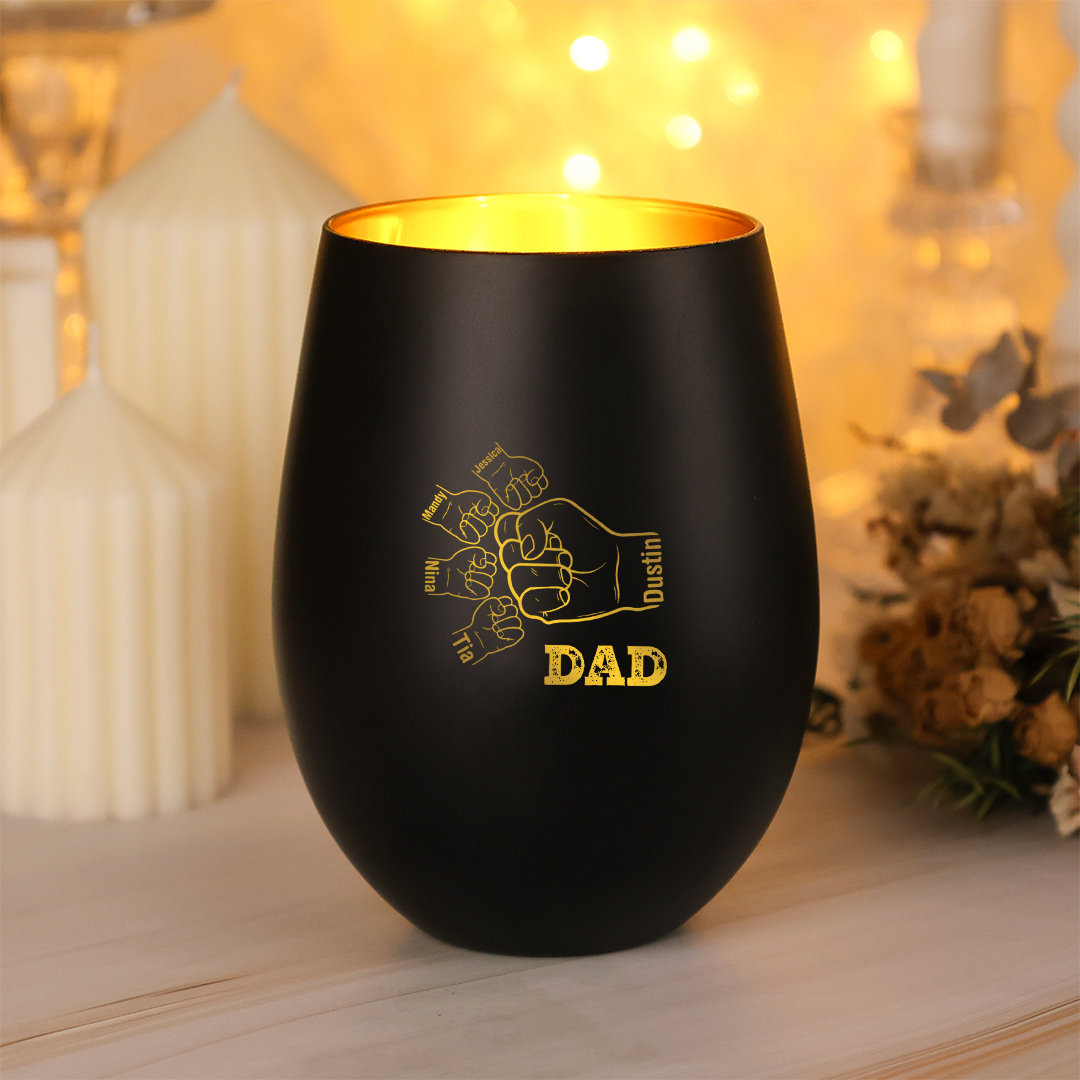 Personalised Glass Candle Holder with Fist Bump, Customisable with 1–8 Kids’ Names and Fists for Dad/Grandad
